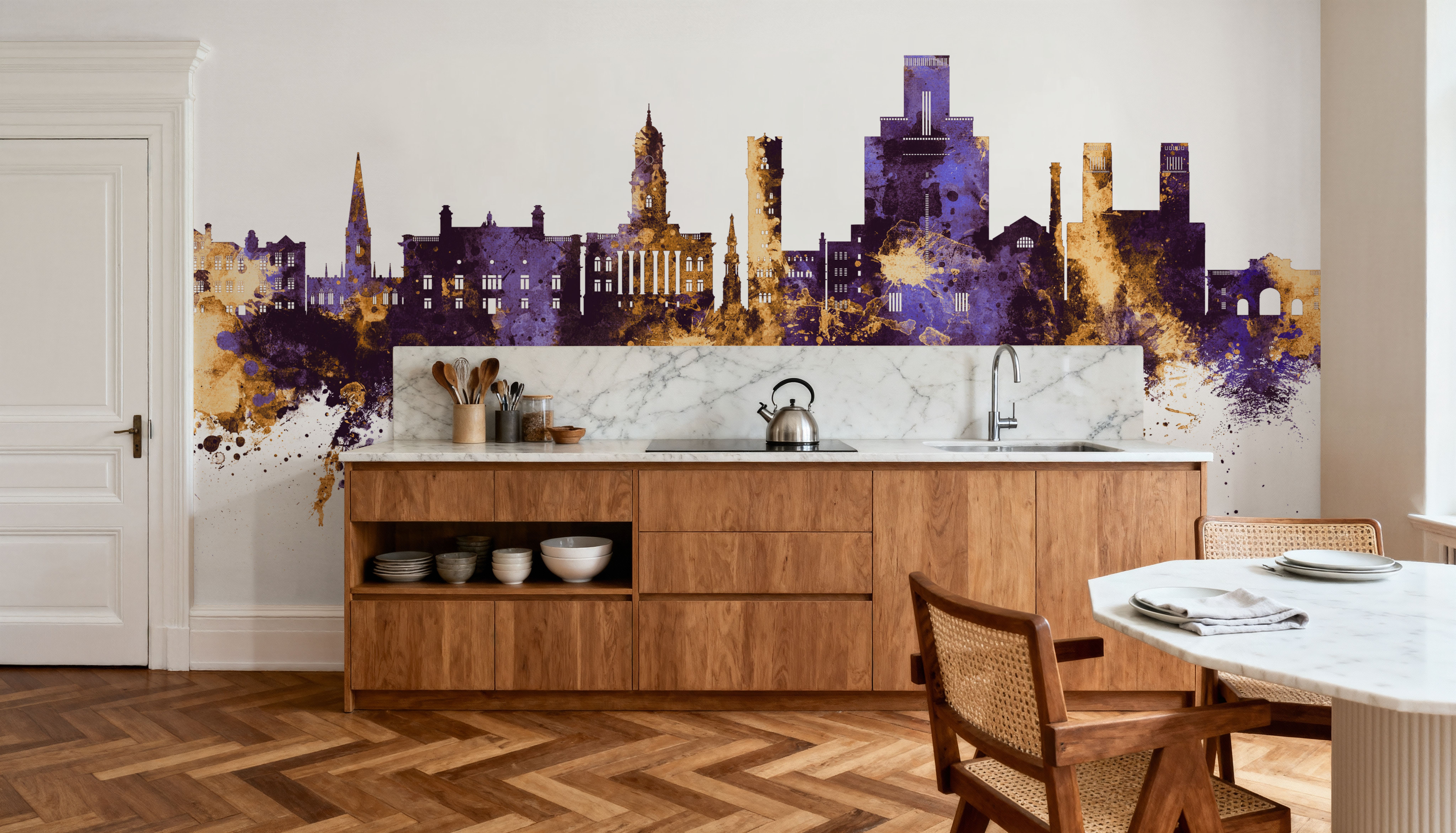 Birkehead England Skyline Purple & Gold, Wallpaper
