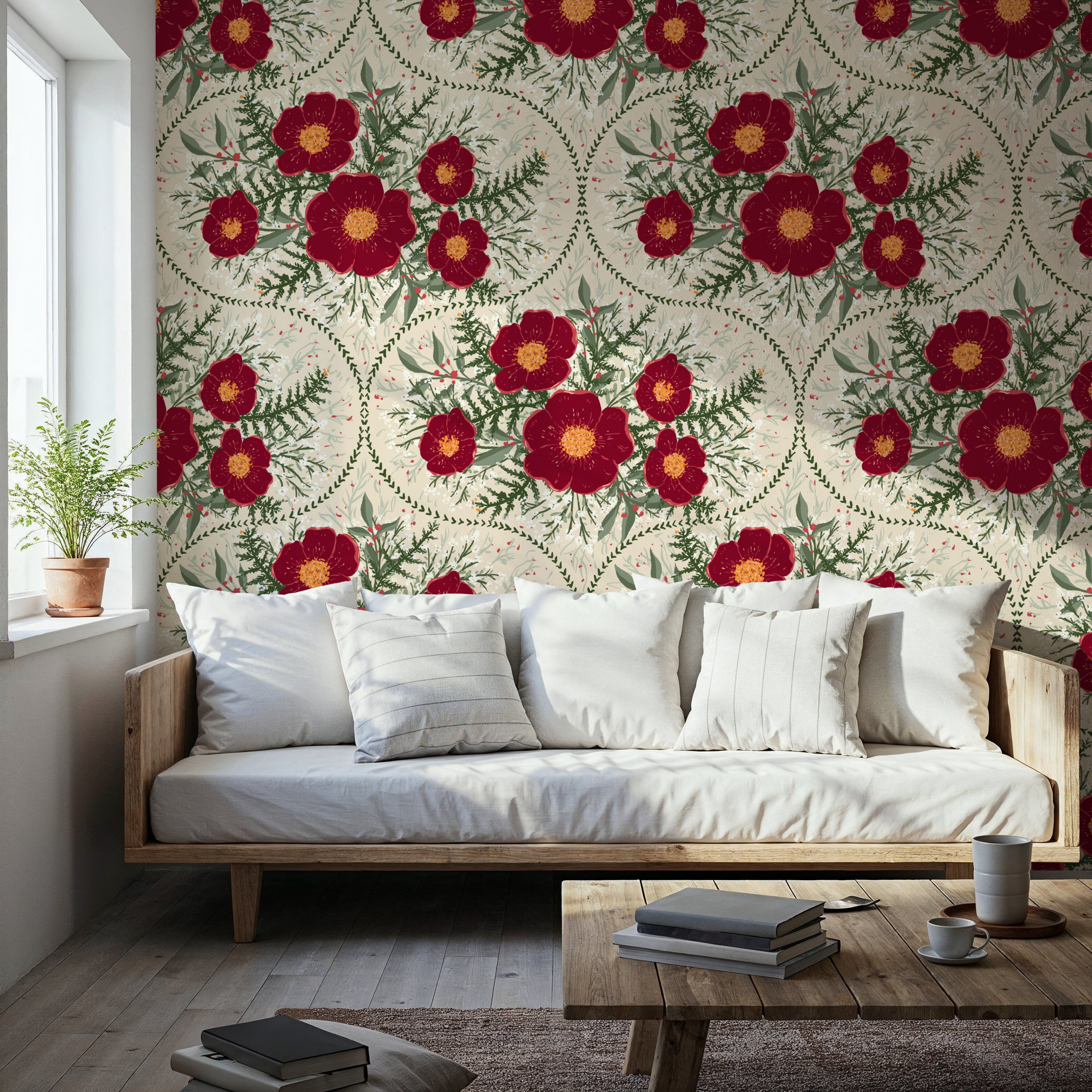 Yuletide Camelia, Bone White, Wallpaper