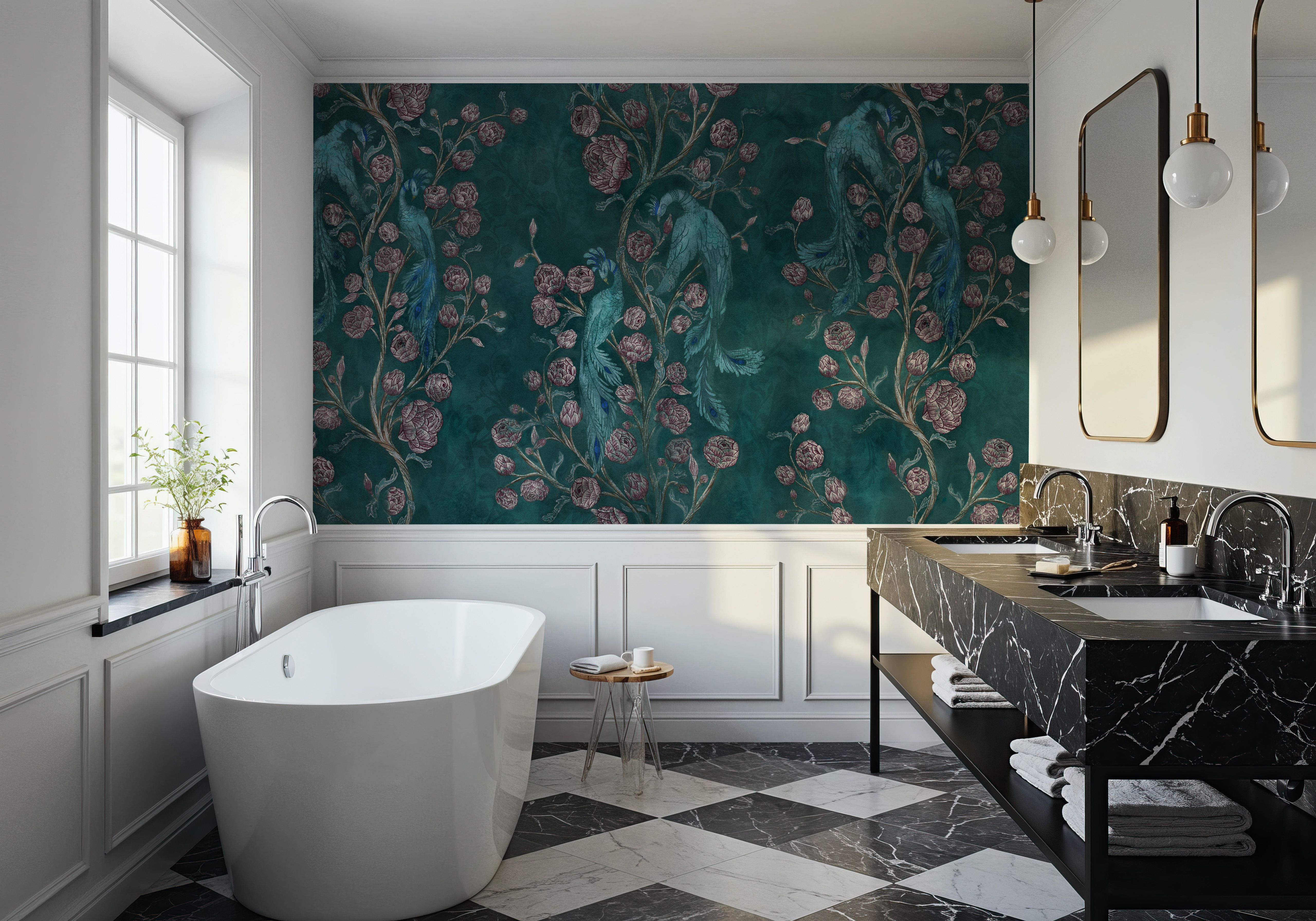 Peacock and Peony Chinoiserie Teal