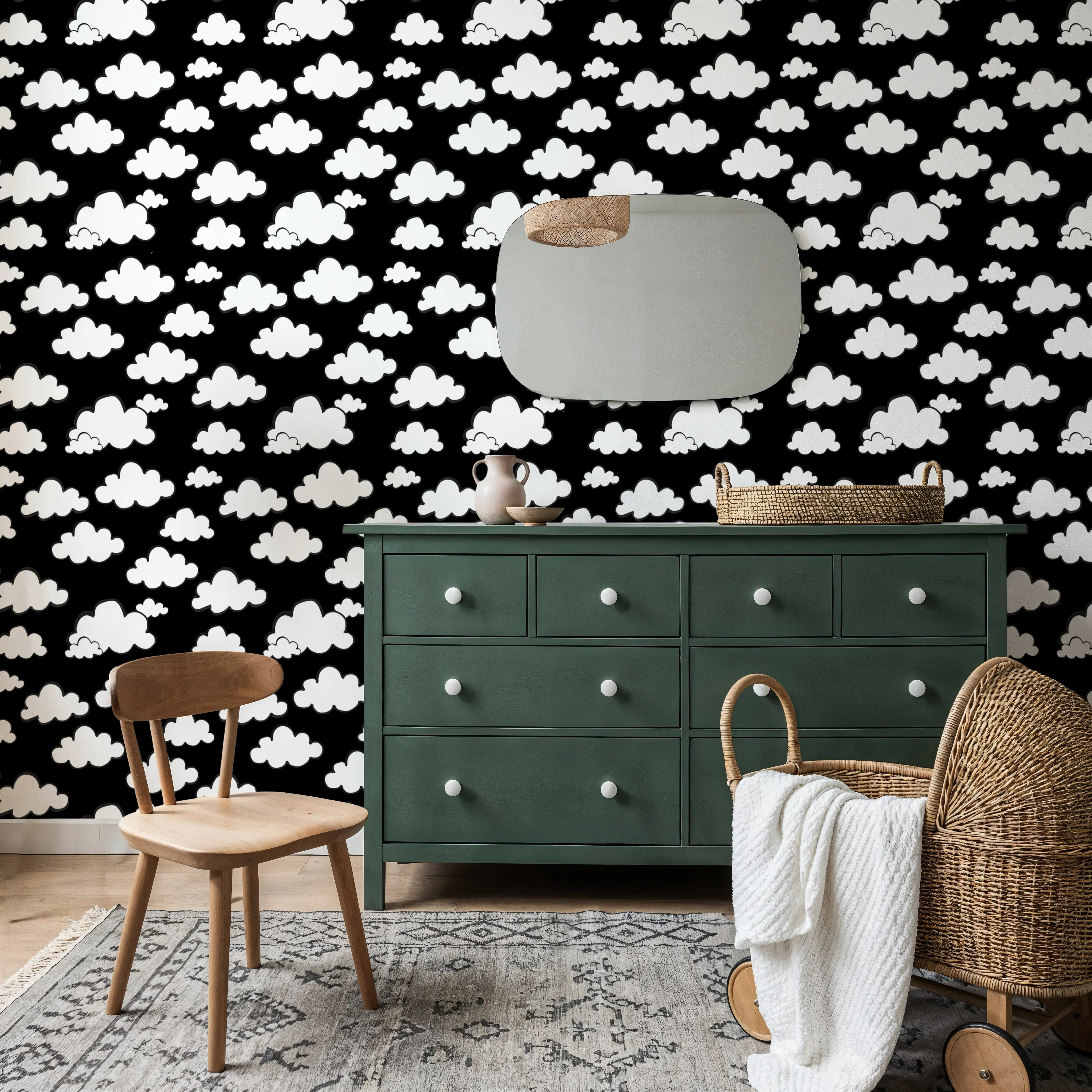 Wallpaper - Cloudy Thoughts Black - Skies Landscapes - White - Kids' Room - Wallism UK - Peel & Stick or Paste-the-Wall