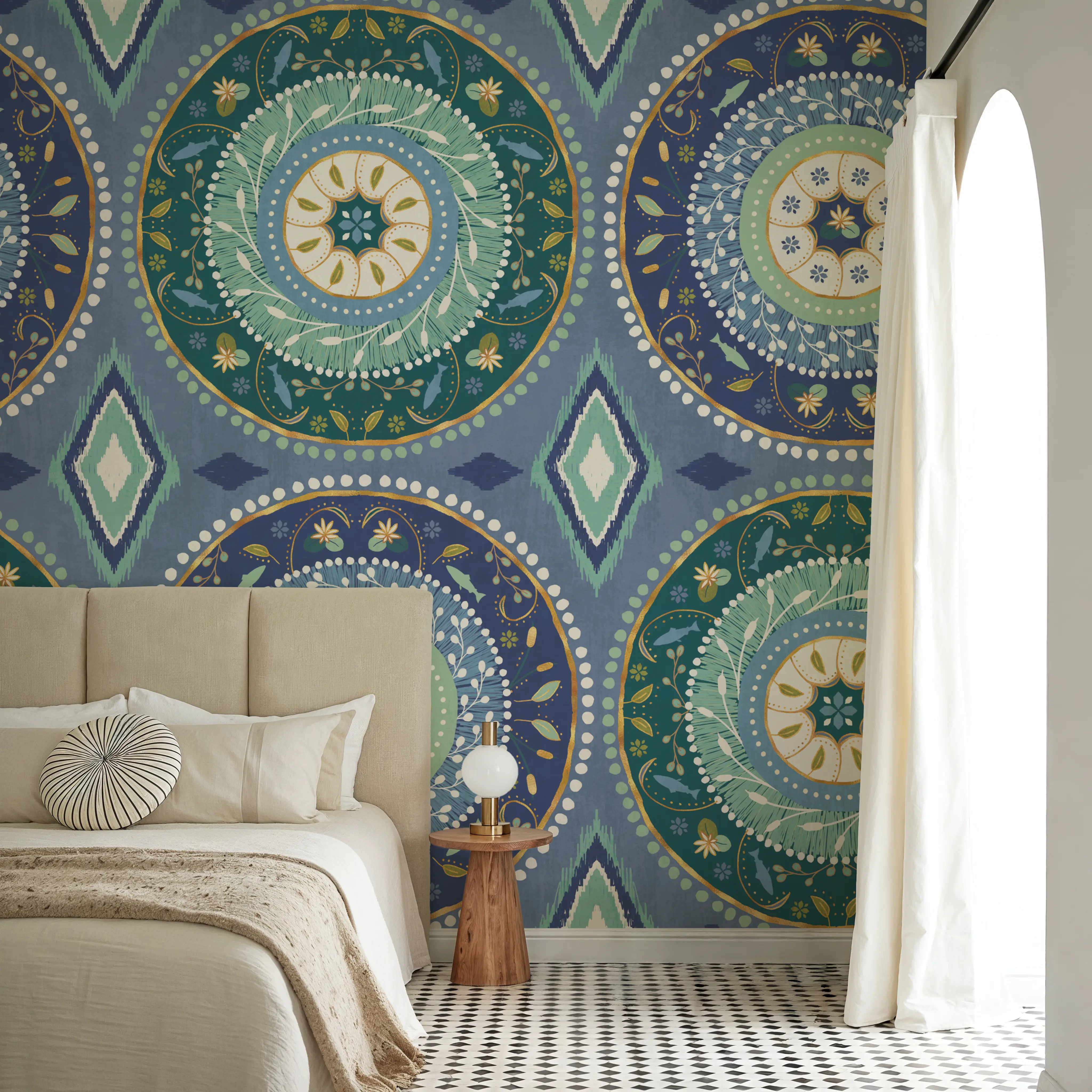 Wall Mural - Otomi Lake X - Folk Ikat mural wallpaper - Blue - Living room - Wallism UK - Peel & Stick or Paste-the-Wall