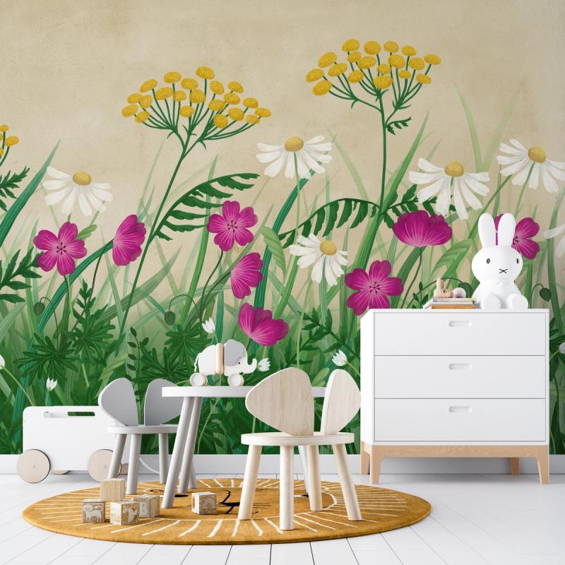 Geranium Meadow, Beige Wallpaper Mural 100% Pvc-free And Non-toxic