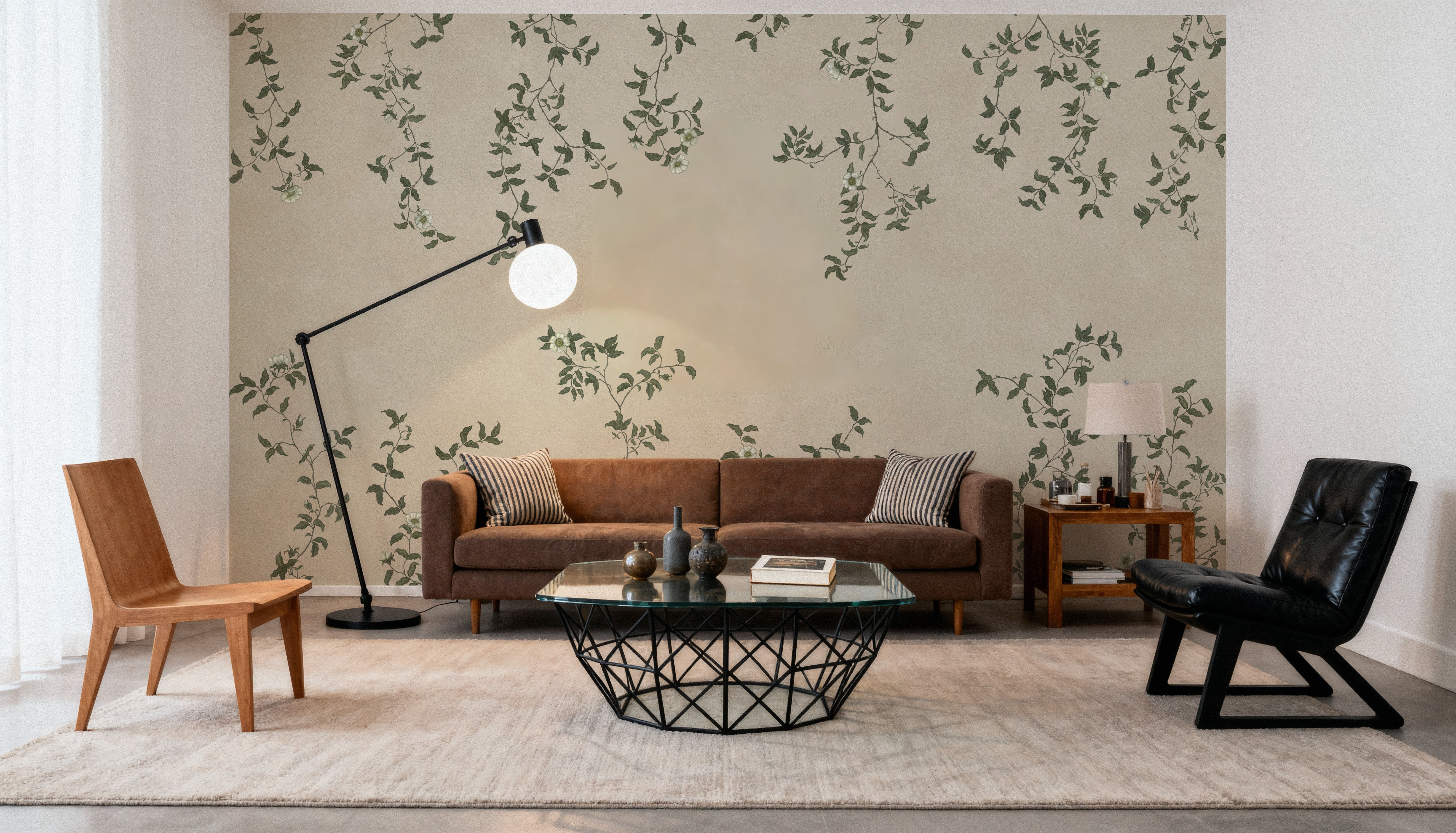 Rambling Rose, Ivory on Light Beige, Wallpaper