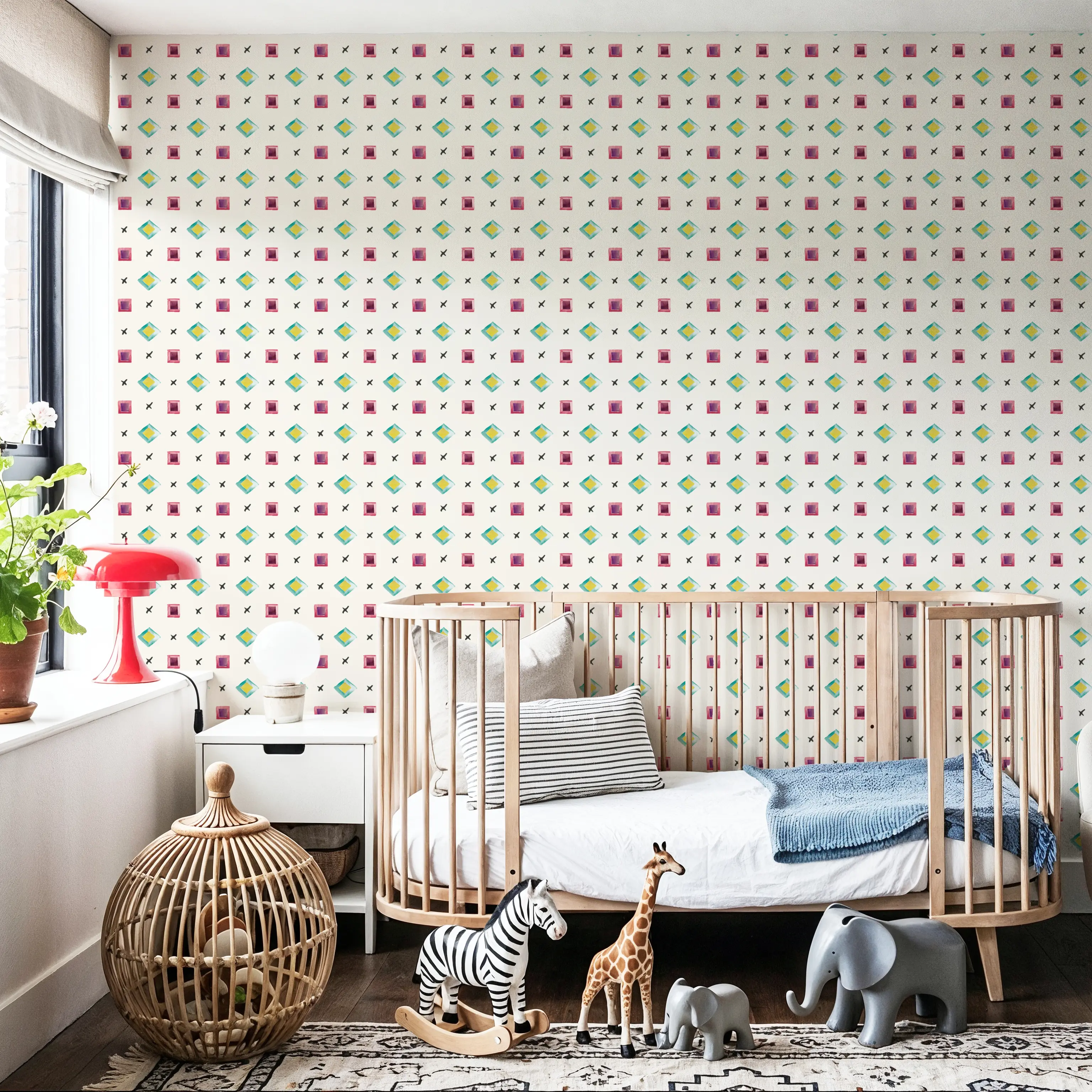 Wallpaper - Boho Symbols White - Squares Triangles - Pink - Kids' Room - Wallism UK - Peel & Stick or Paste-the-Wall