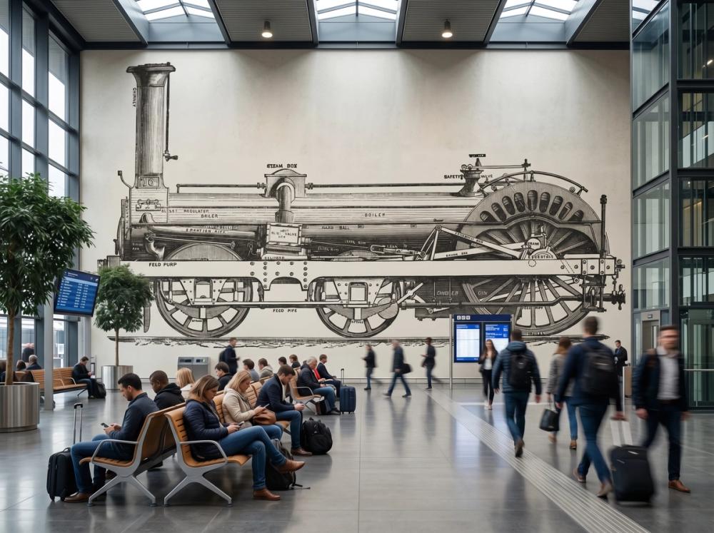 an interior photo of a spacious train station with a wall mural of an antique train on the main wall