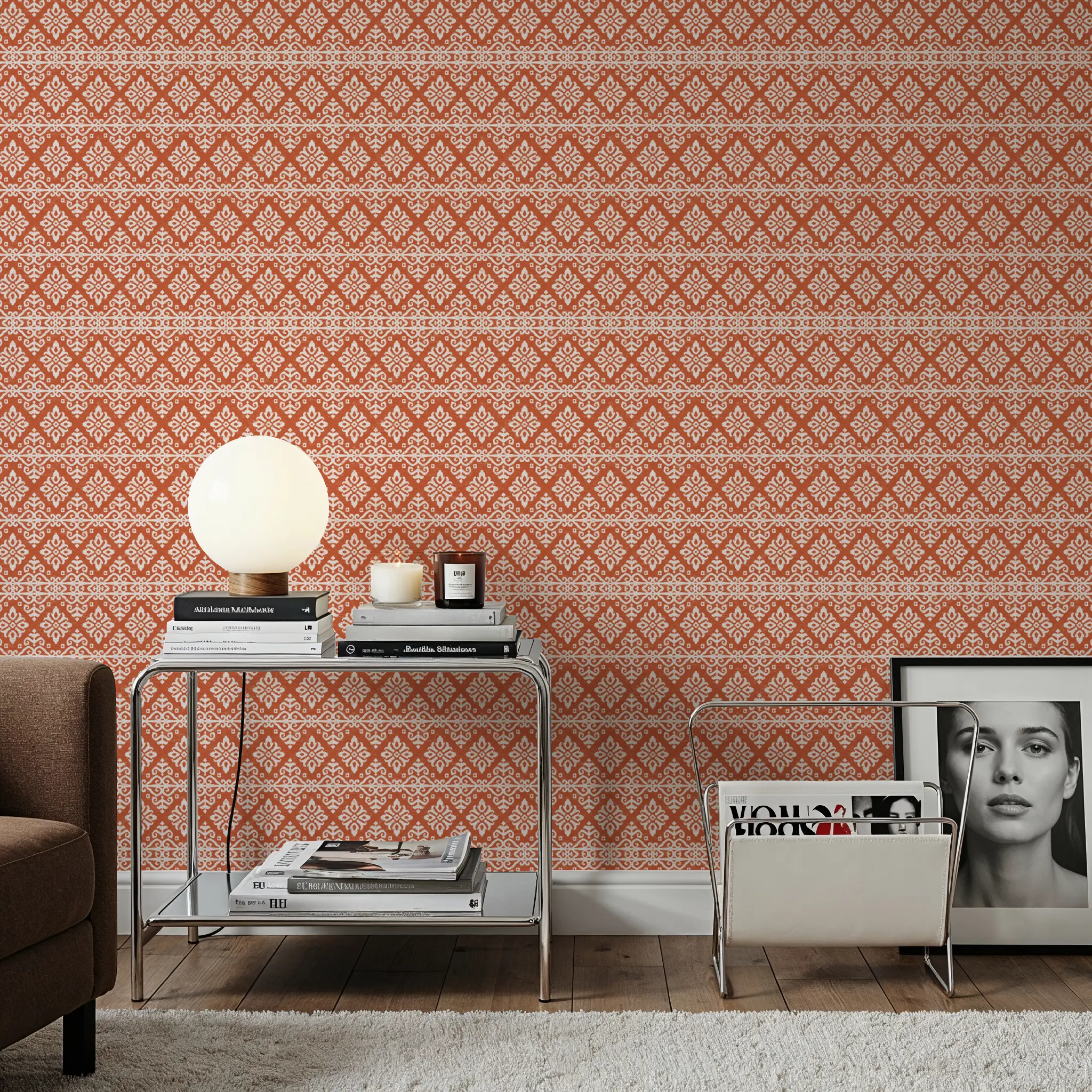 Behang - Amadora Squares Rust - Folk Klassiek Ikat - Oranje - Woonkamer - Wallism België - Zelfklevend of Vliesbehang