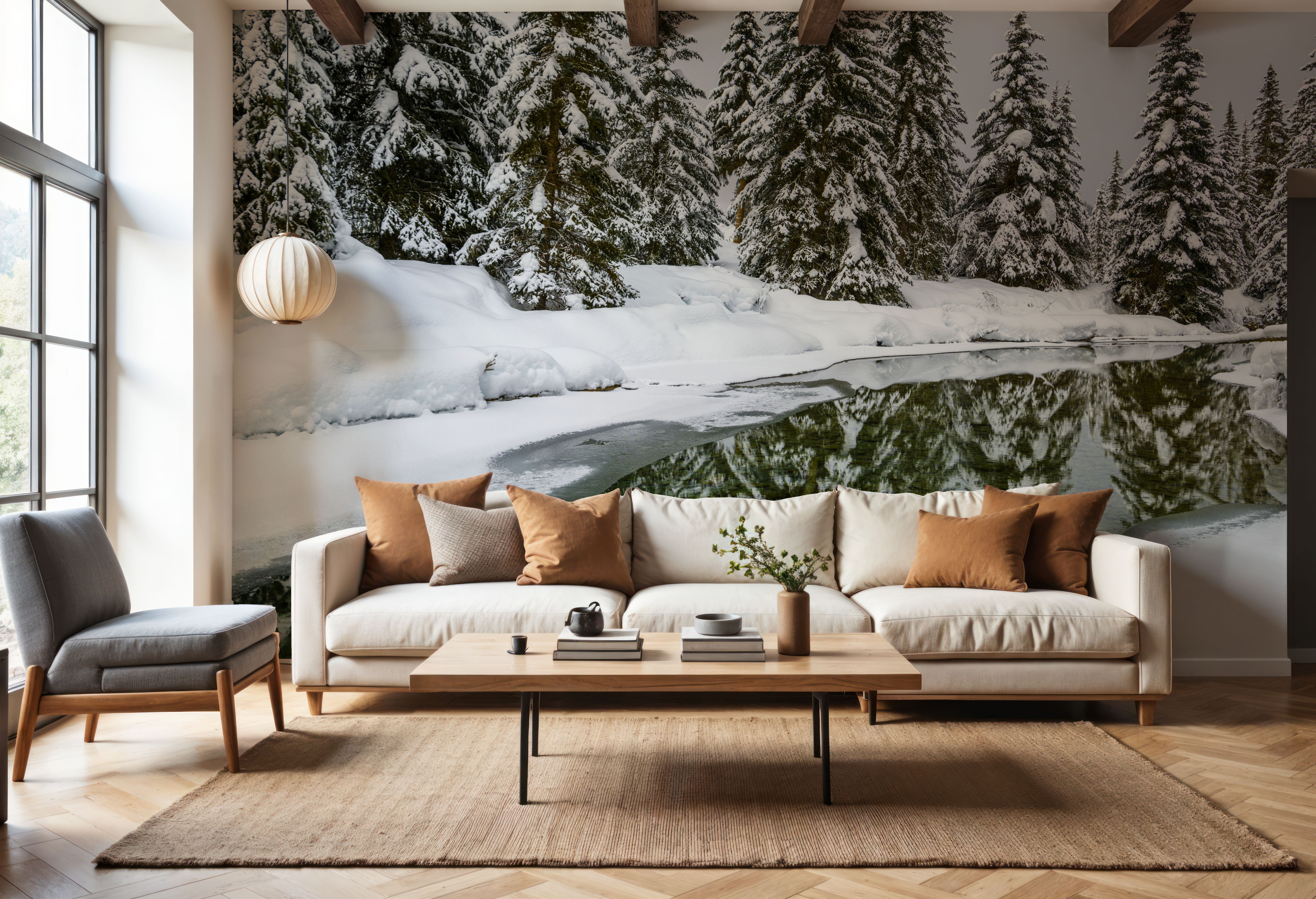 Wall Mural - Mirror Creek - Snow Landscapes mural wallpaper - Living room - Wallism US - Premium, Textured or Peel & Stick