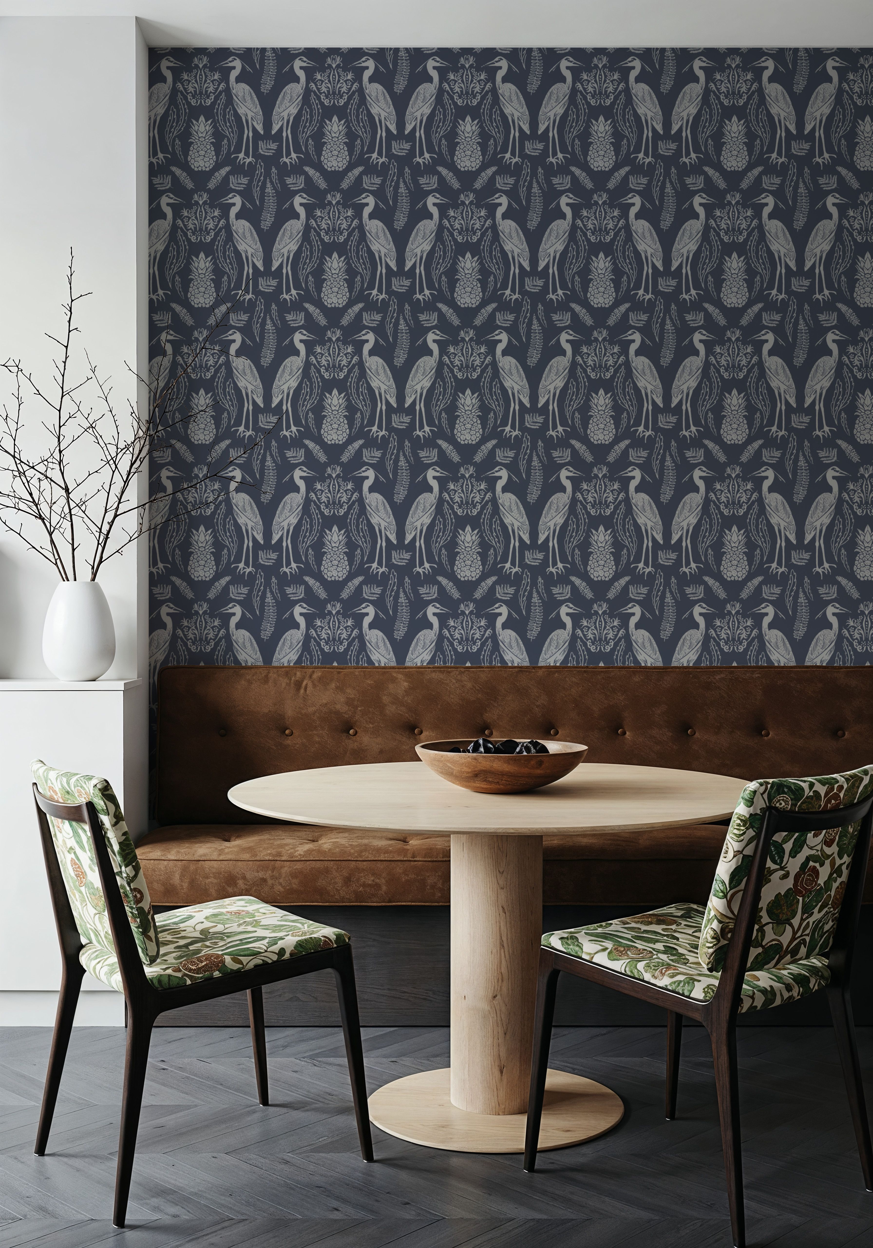 Heron & Ferns, Denim, Wallpaper