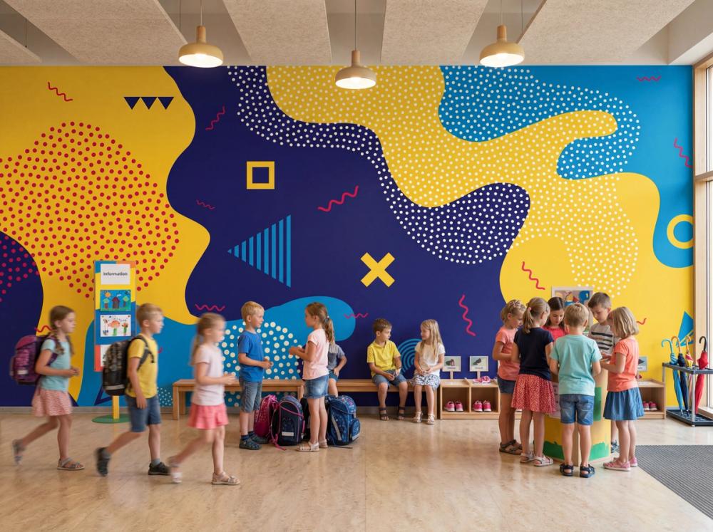 an interior photo of the entrance hall at a primary school with kids running and an abstract wallpaper mural on the wall