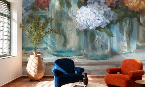 Hydrangeas in Glass Jars Blue