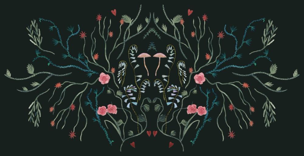 an illustration in folklore style on black