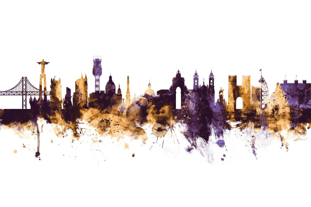 Lisbon Portugal Skyline Purple & Gold