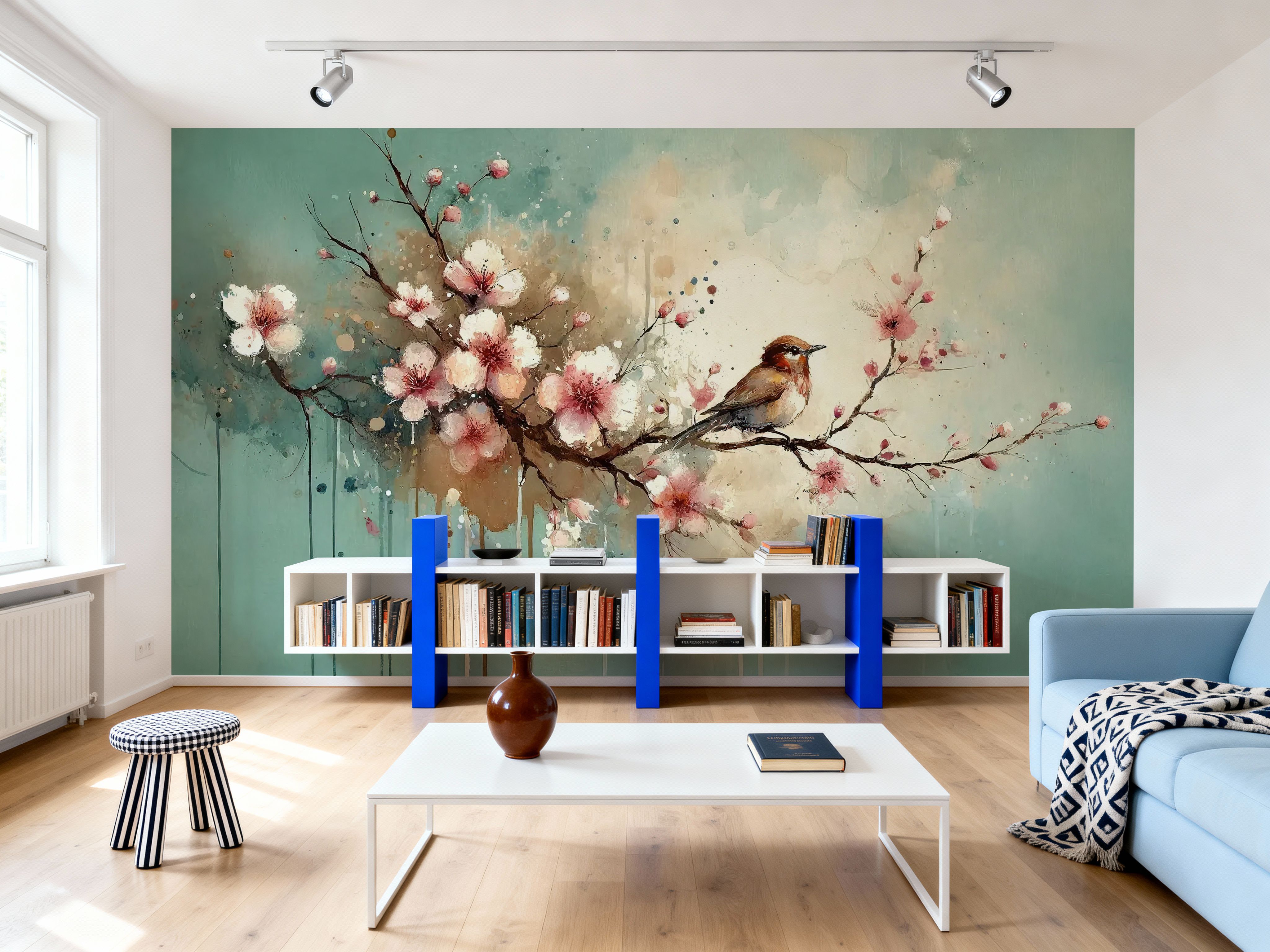 Cherry Blossoms Whispers on Teal Breeze