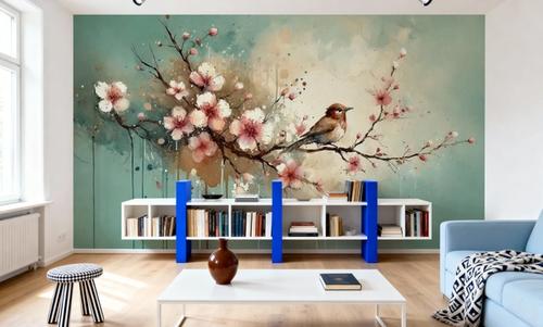 Cherry Blossoms Whispers on Teal Breeze