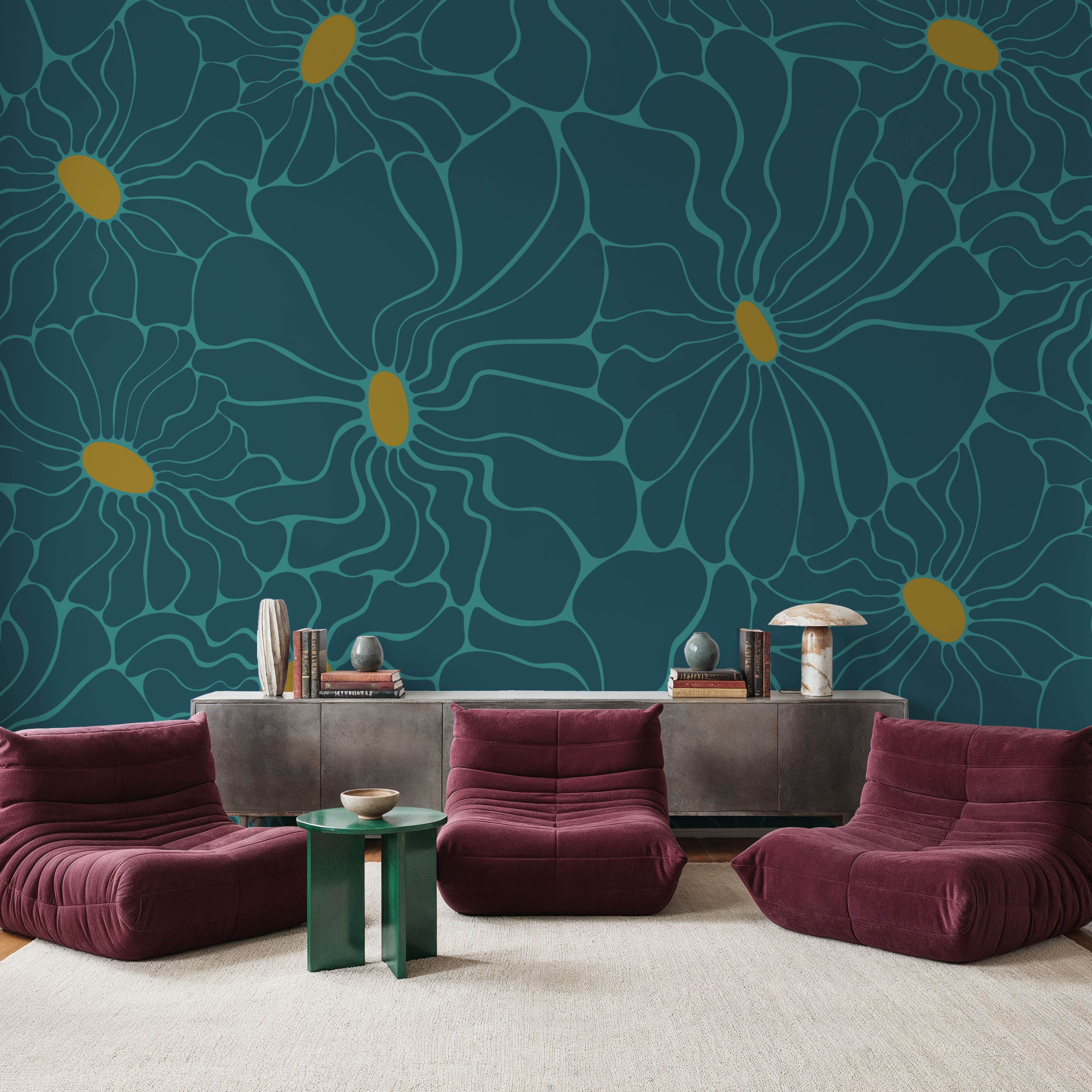 Cool Fluid Flowers Mural, Teal
