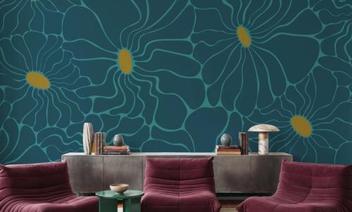 Cool Fluid Flowers Mural, Teal