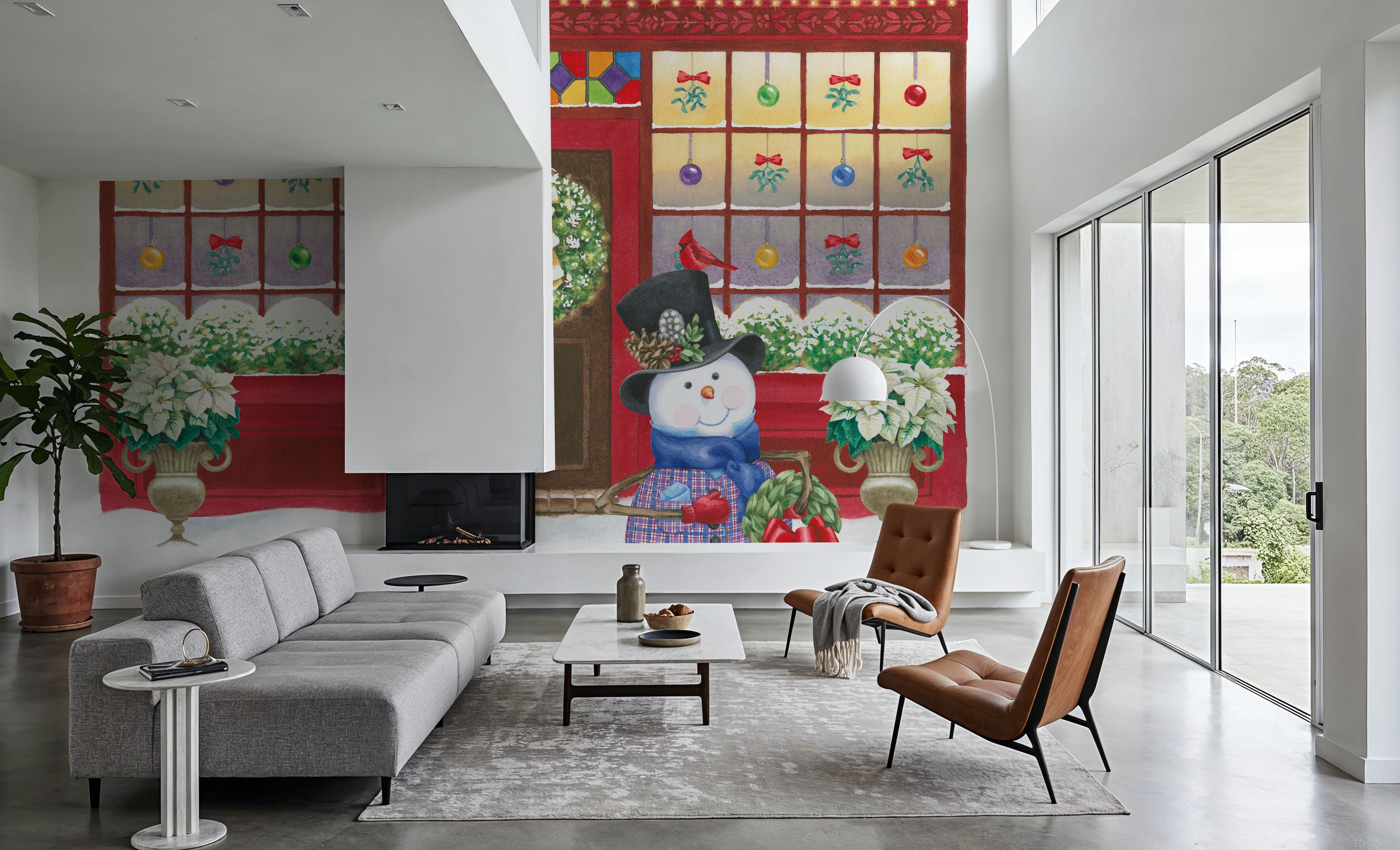 Wall Mural - Main Street Christmas III - Birds Nature mural wallpaper - Red - Offices - Wallism US - Premium, Textured or Peel & Stick