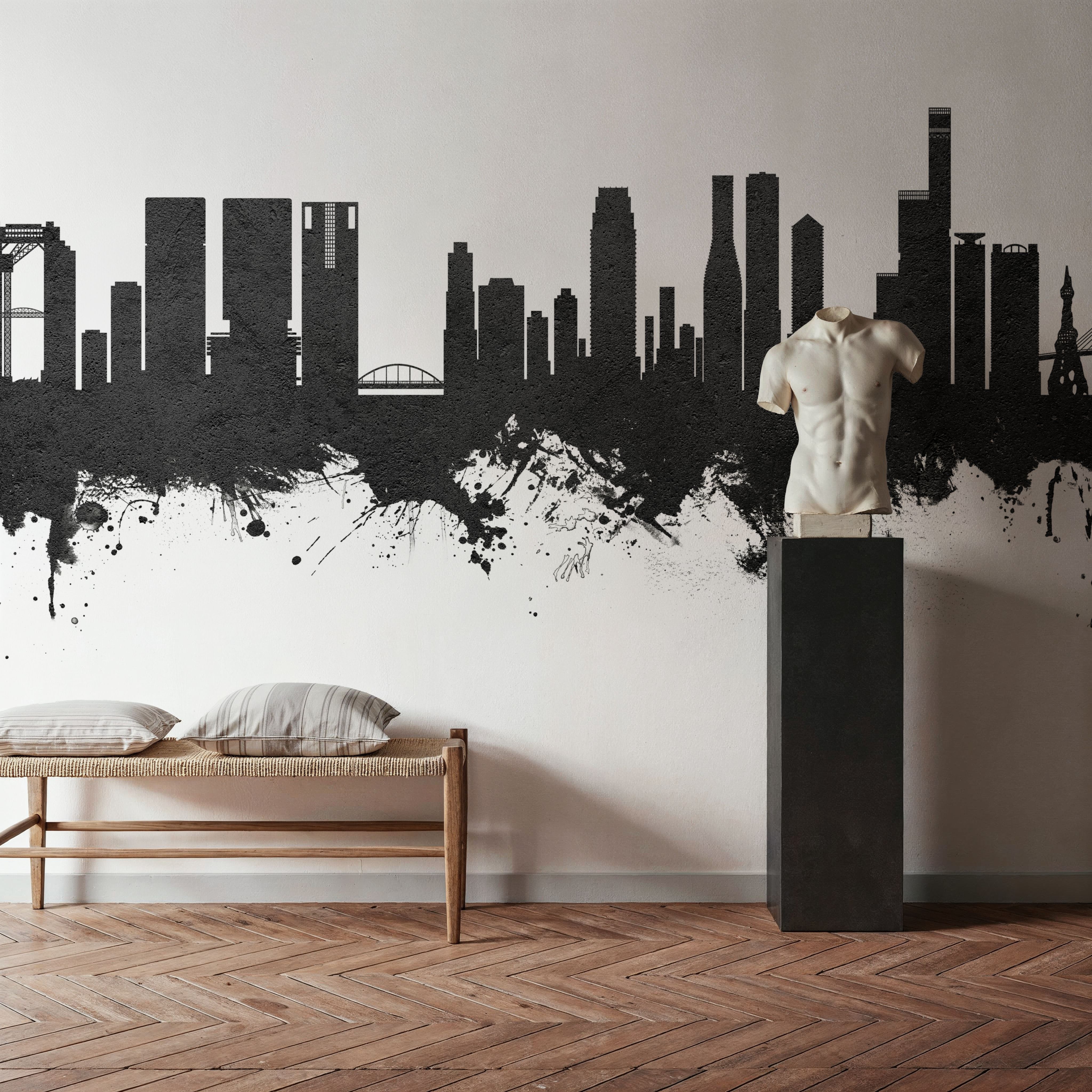Wall Mural - Osaka Skyline Black & White - Graphics mural wallpaper - Gray - Hallway staircases - Wallism US - Premium, Textured or Peel & Stick