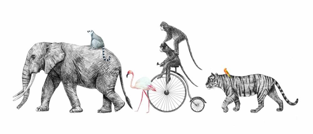 Fun Illustration of Elephant, Tiger & Monkeys on a Walk