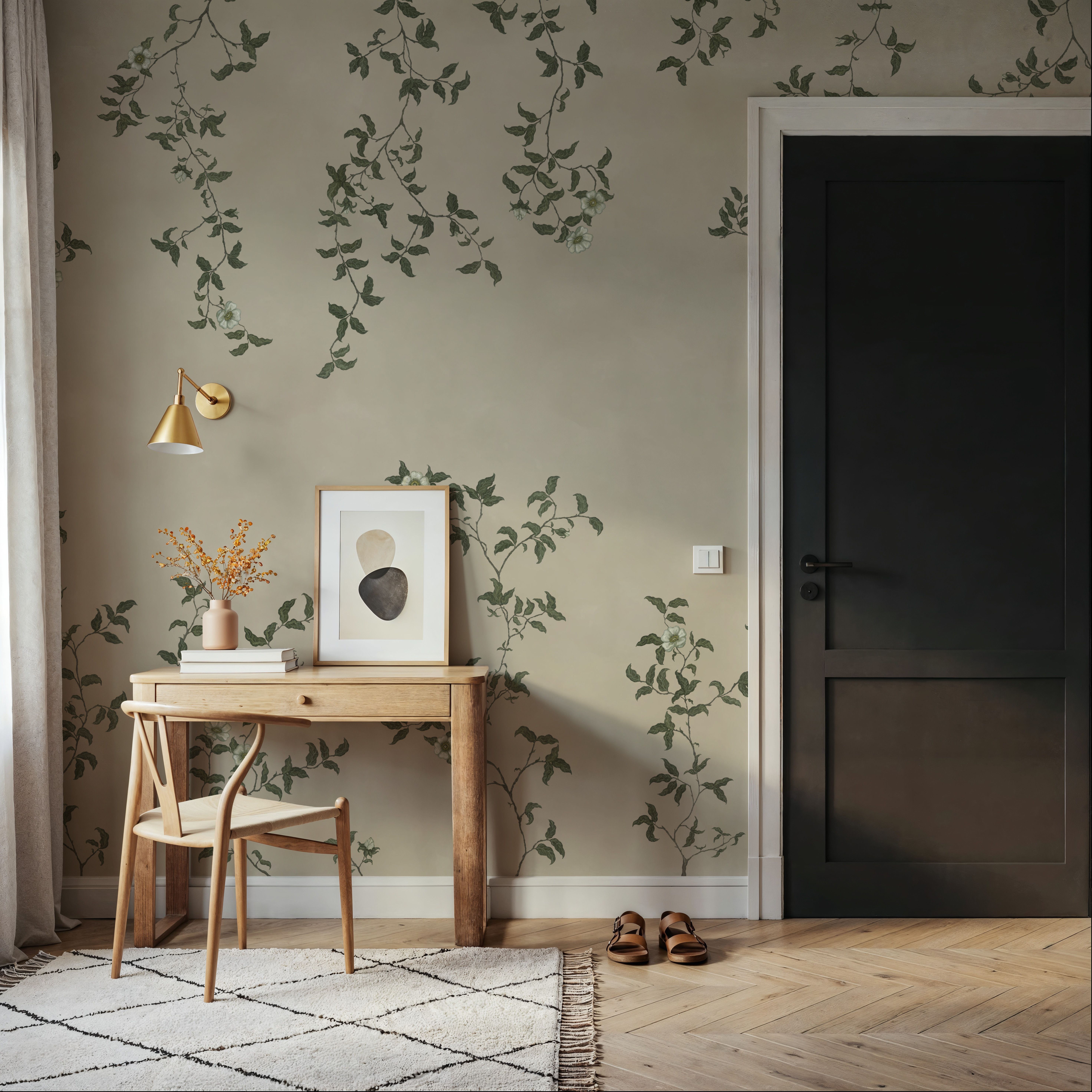 Rambling Rose, Ivory on Light Beige