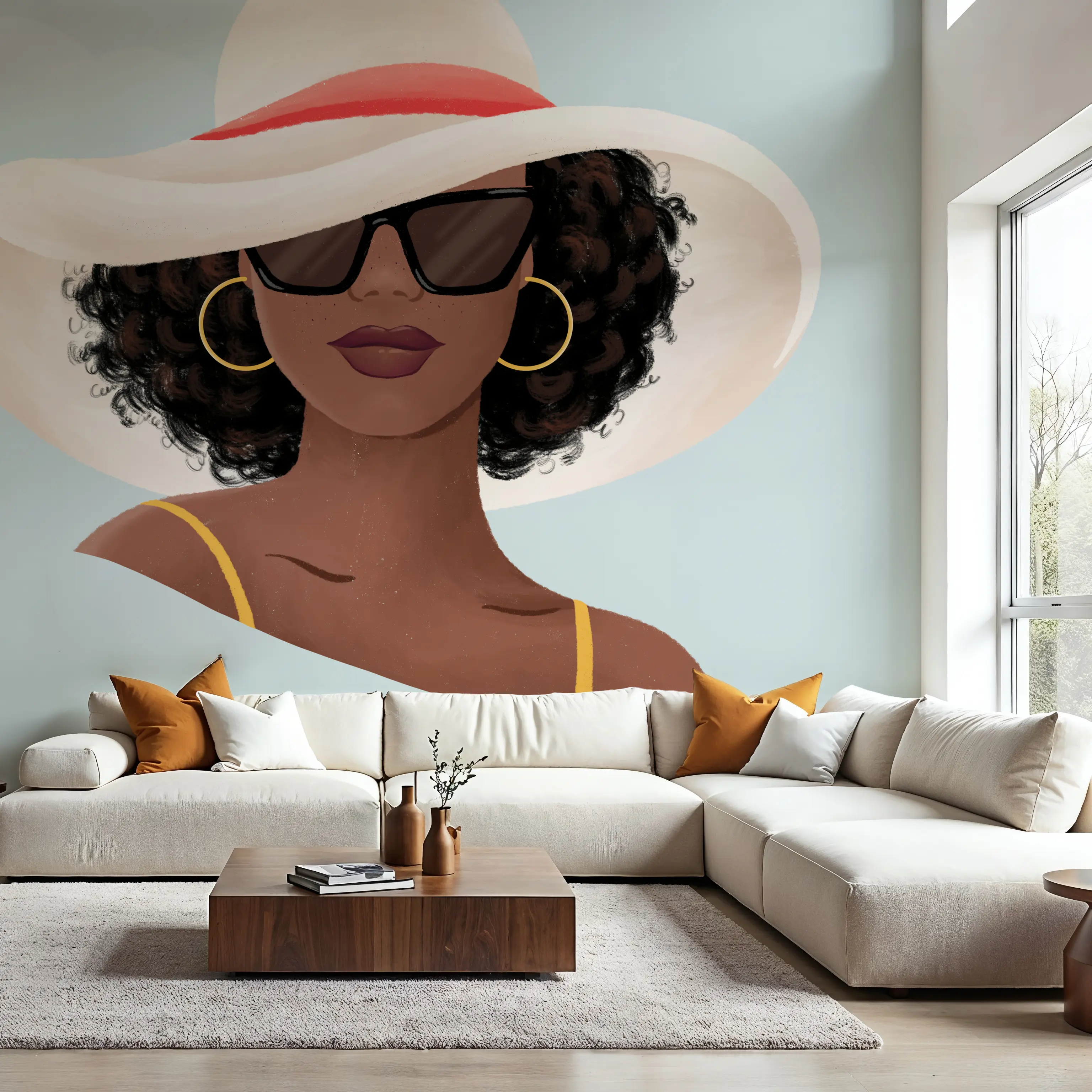 Wall Mural - Beach Girl I - Contemporary Pop mural wallpaper - Blue - Dining Room - Wallism UK - Peel & Stick or Paste-the-Wall