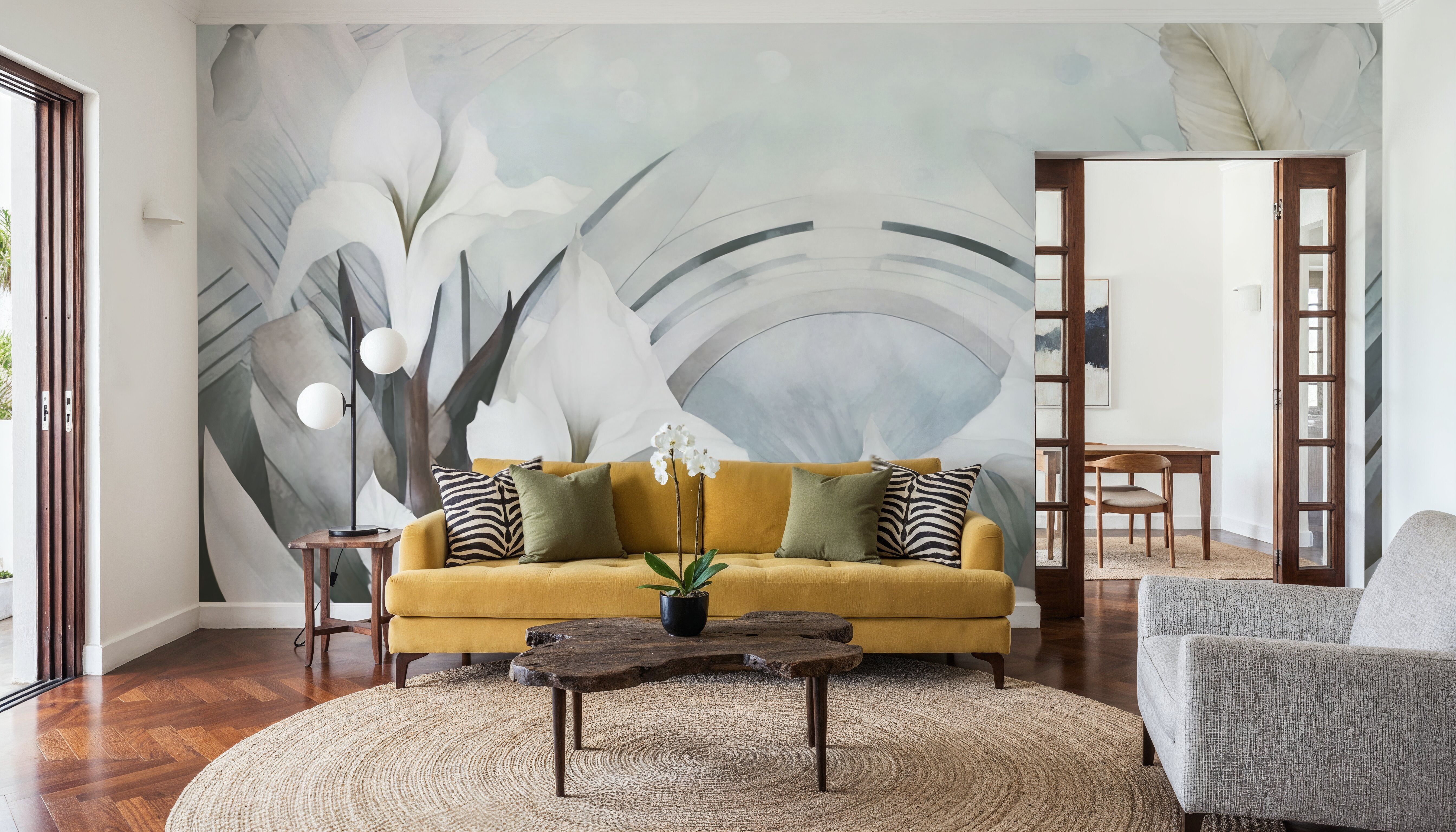 Irises and Feathers Mixed Blue, Wallpaper