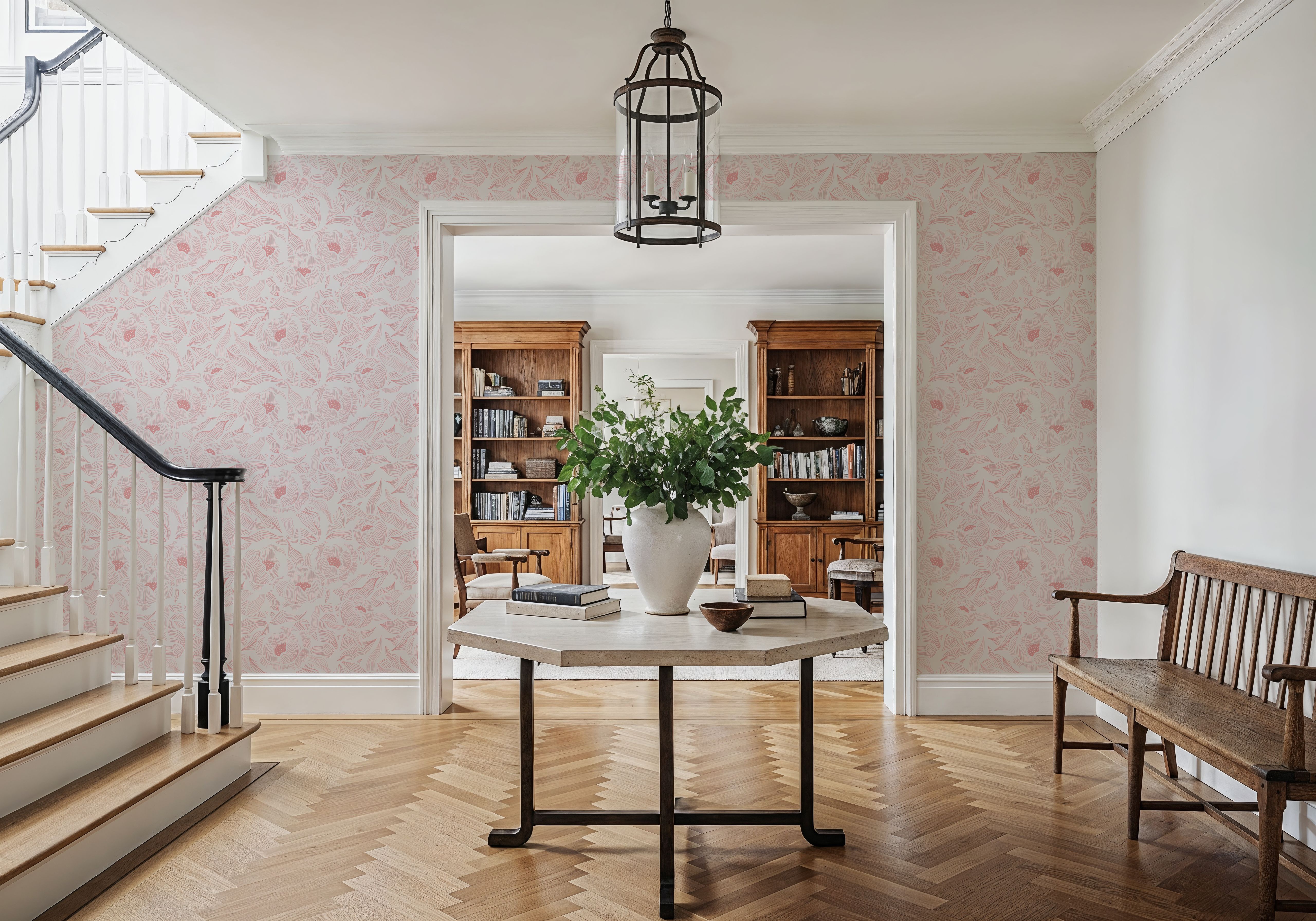 Hidden Peonies, Pink on White