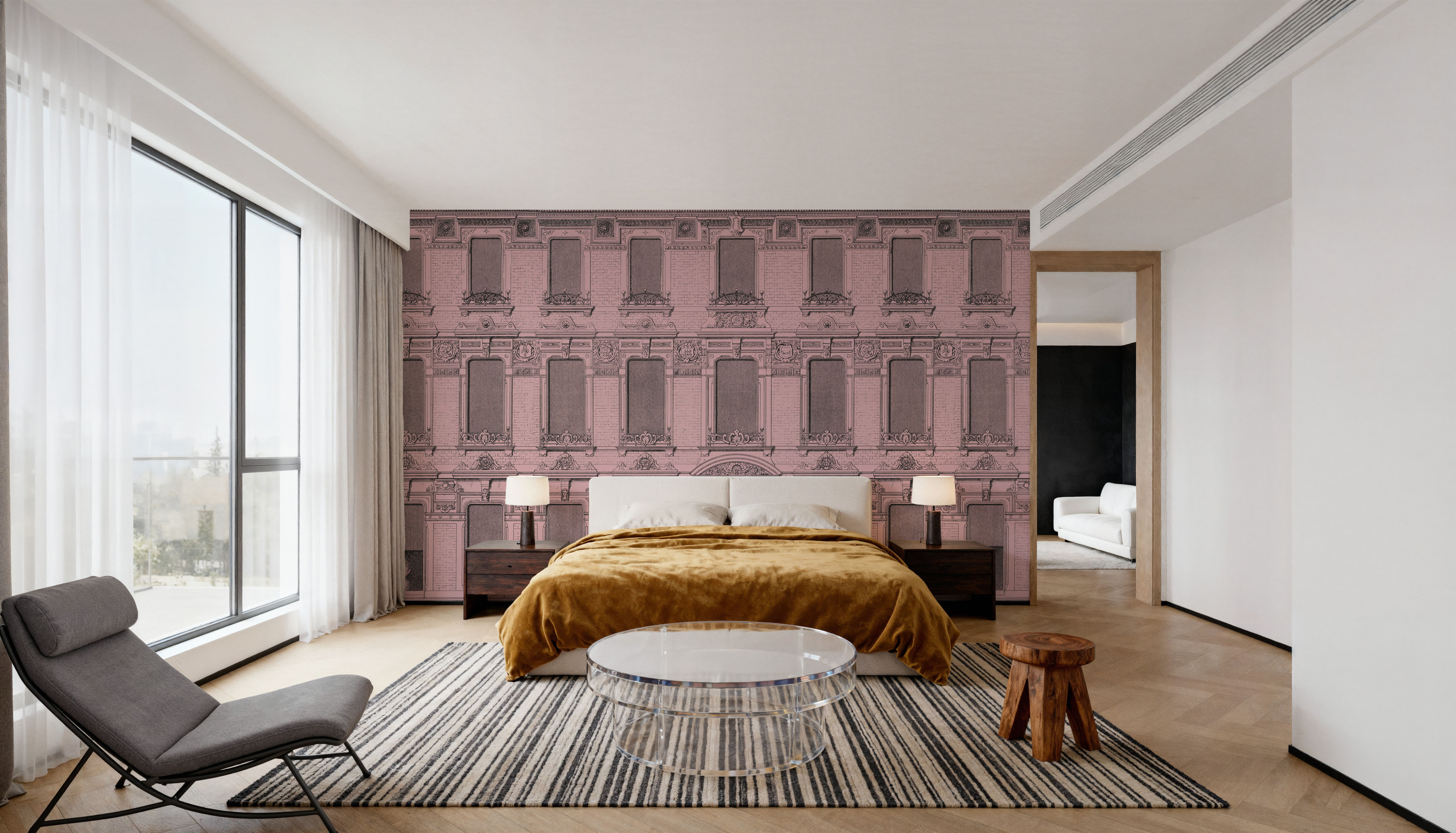 Vintage Facade, Pink, Wallpaper