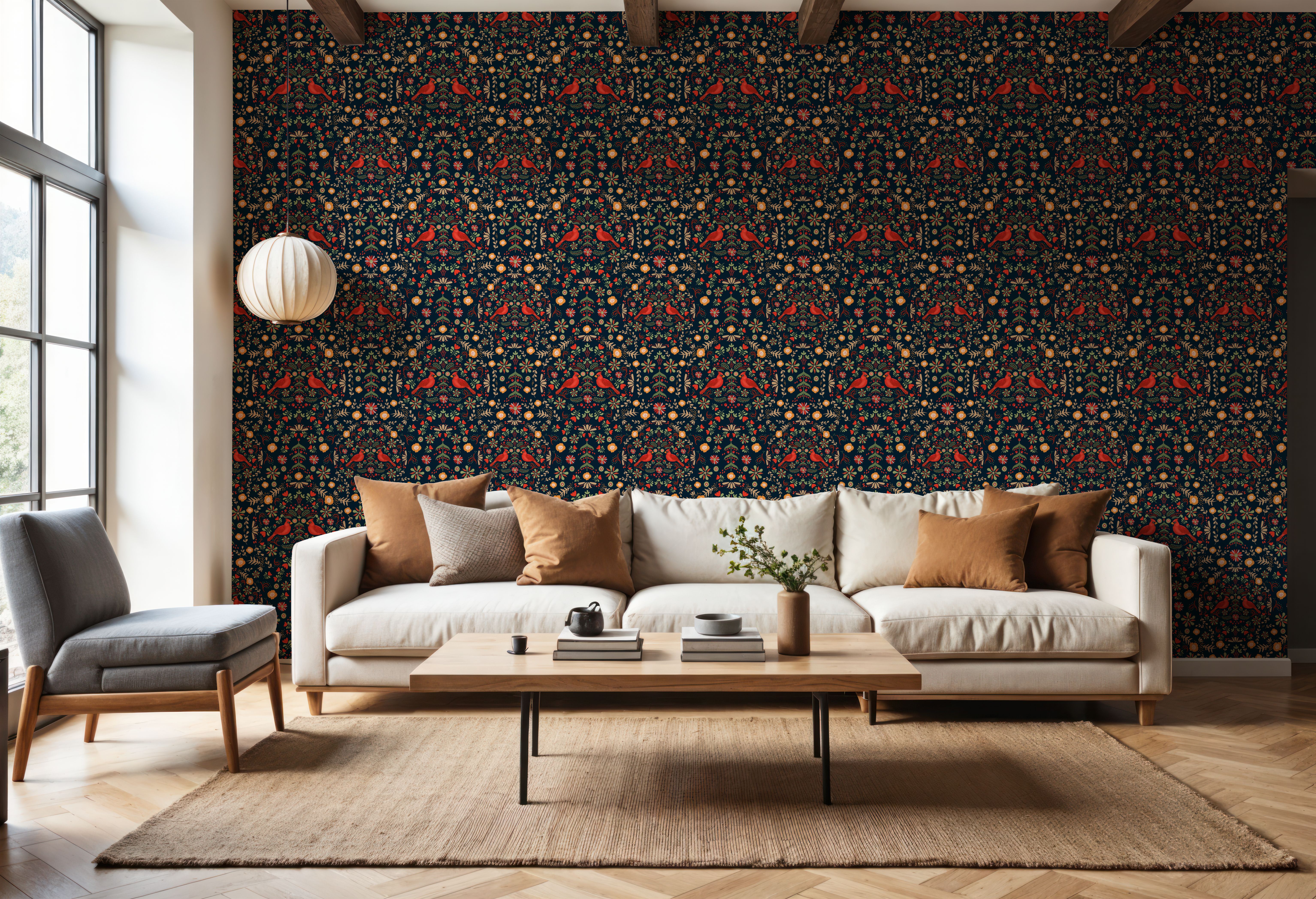 Cardinal Christmas, Navy, Wallpaper