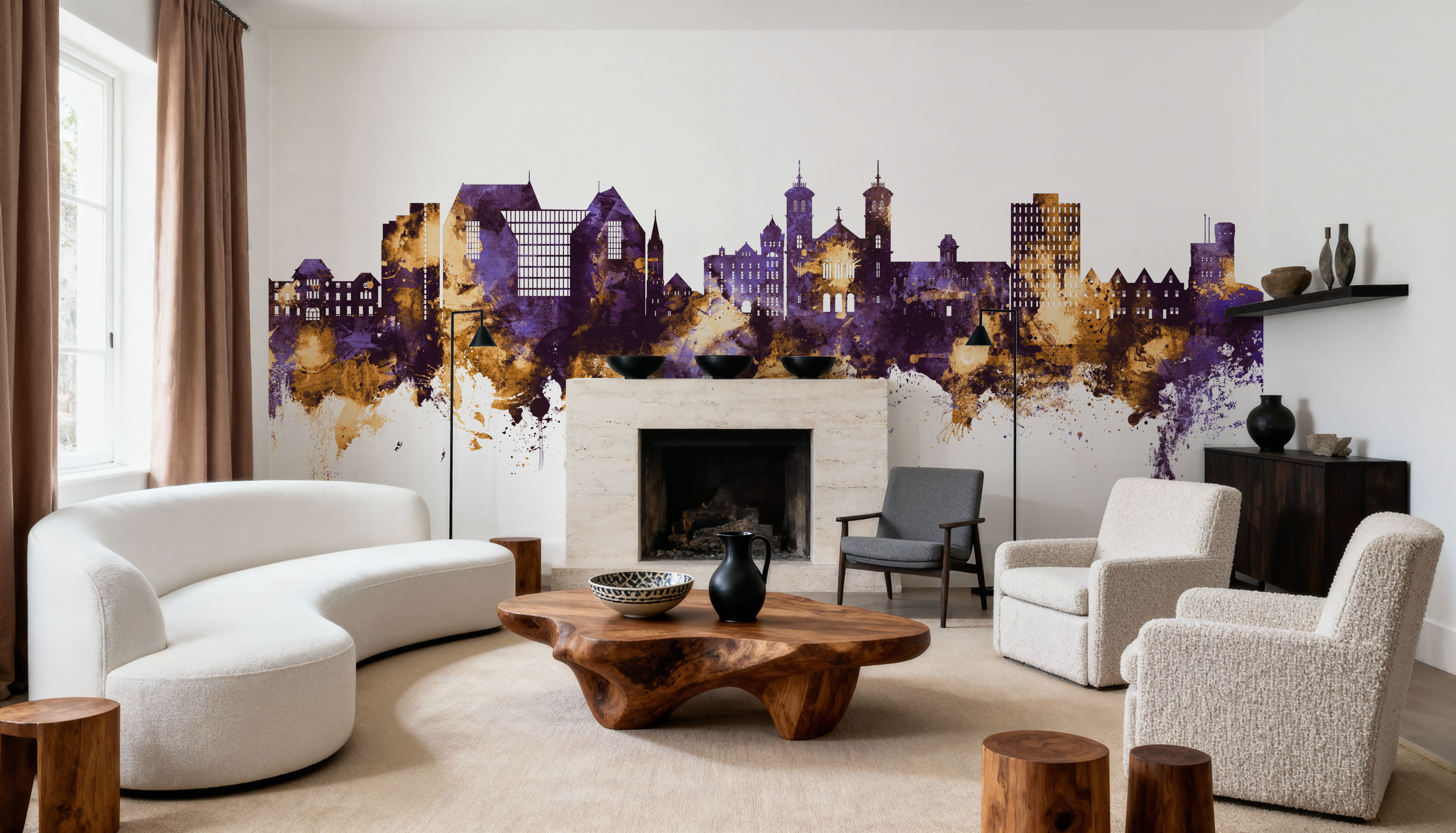 Wall Mural - St John's Canada Skyline Purple & Gold - Abstract mural wallpaper - Living room - Wallism US - Premium, Textured or Peel & Stick