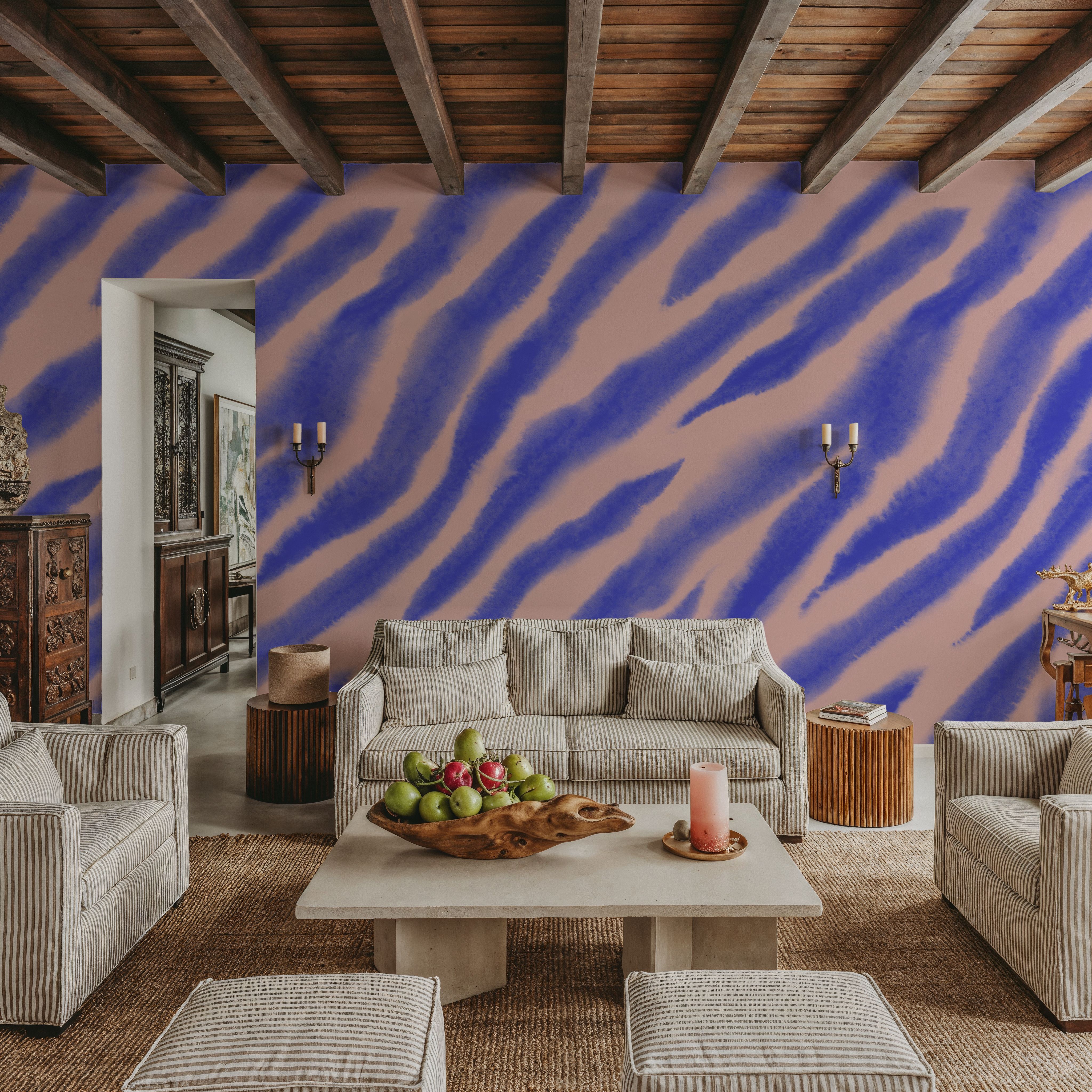 Watercolor Tiger Stripes, Periwinkle on Pink