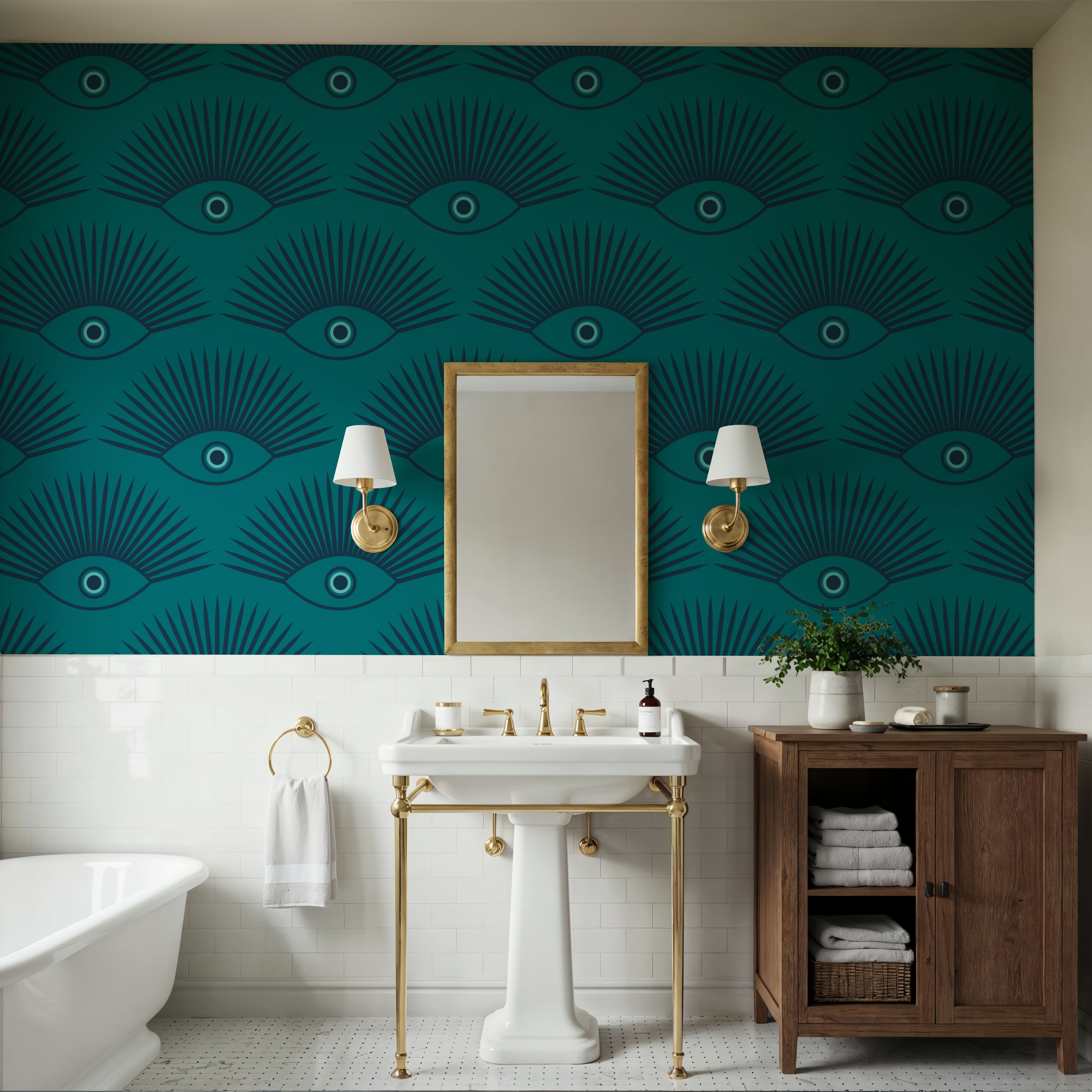 Art Deco Eye, Turquoise, Wallpaper