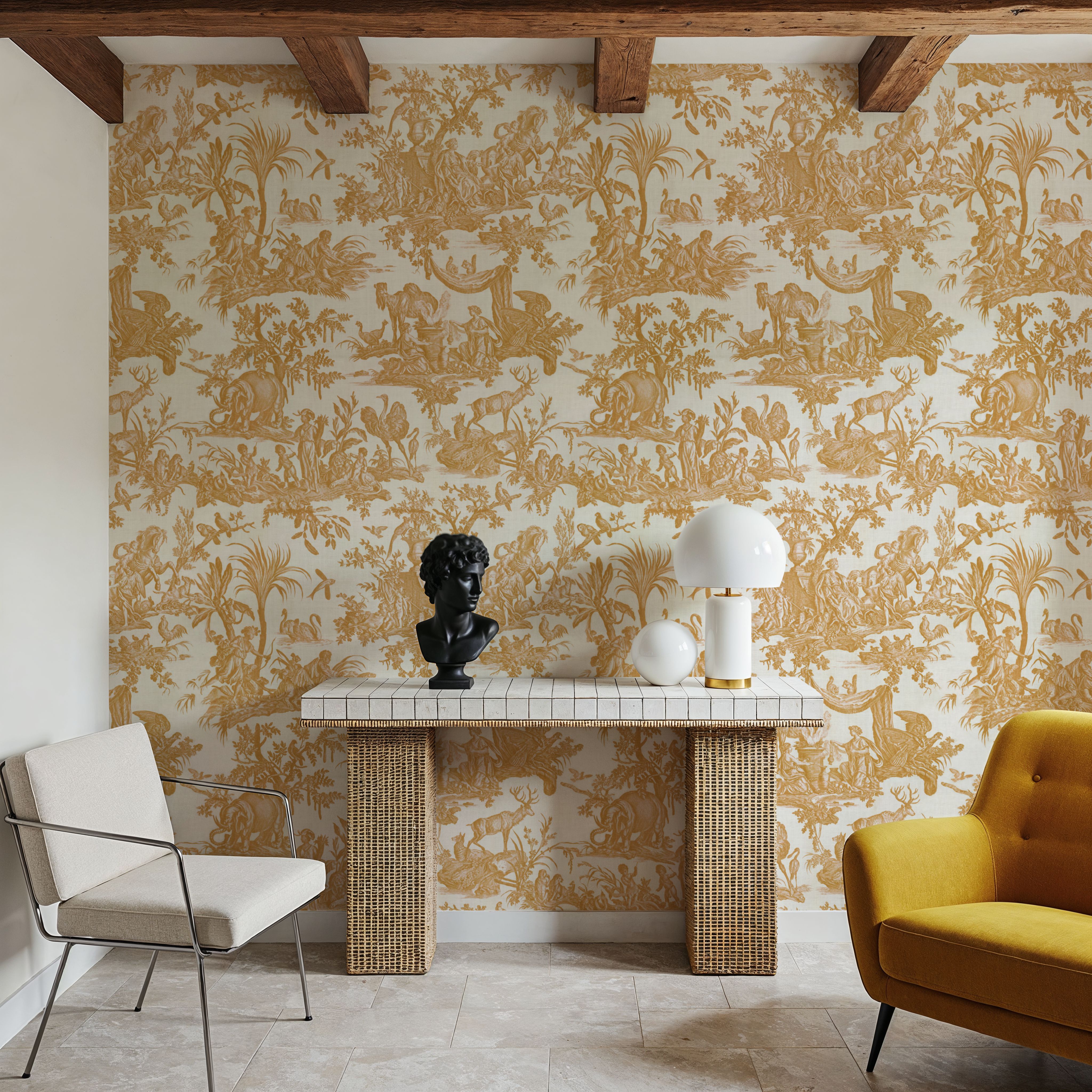 Patinated Linen Toile de Jouy, Sunflower