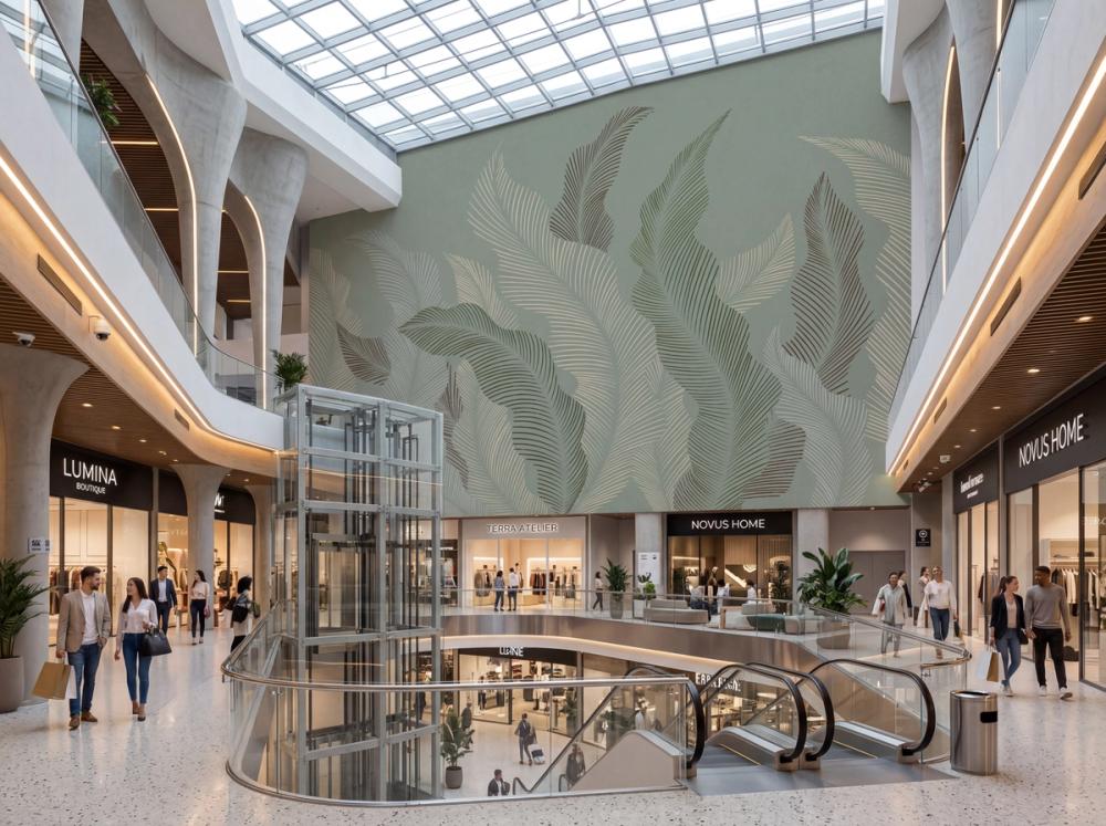 an interior photo at a shopping mall with a sage green leaf themed wallpaper mural on the wall