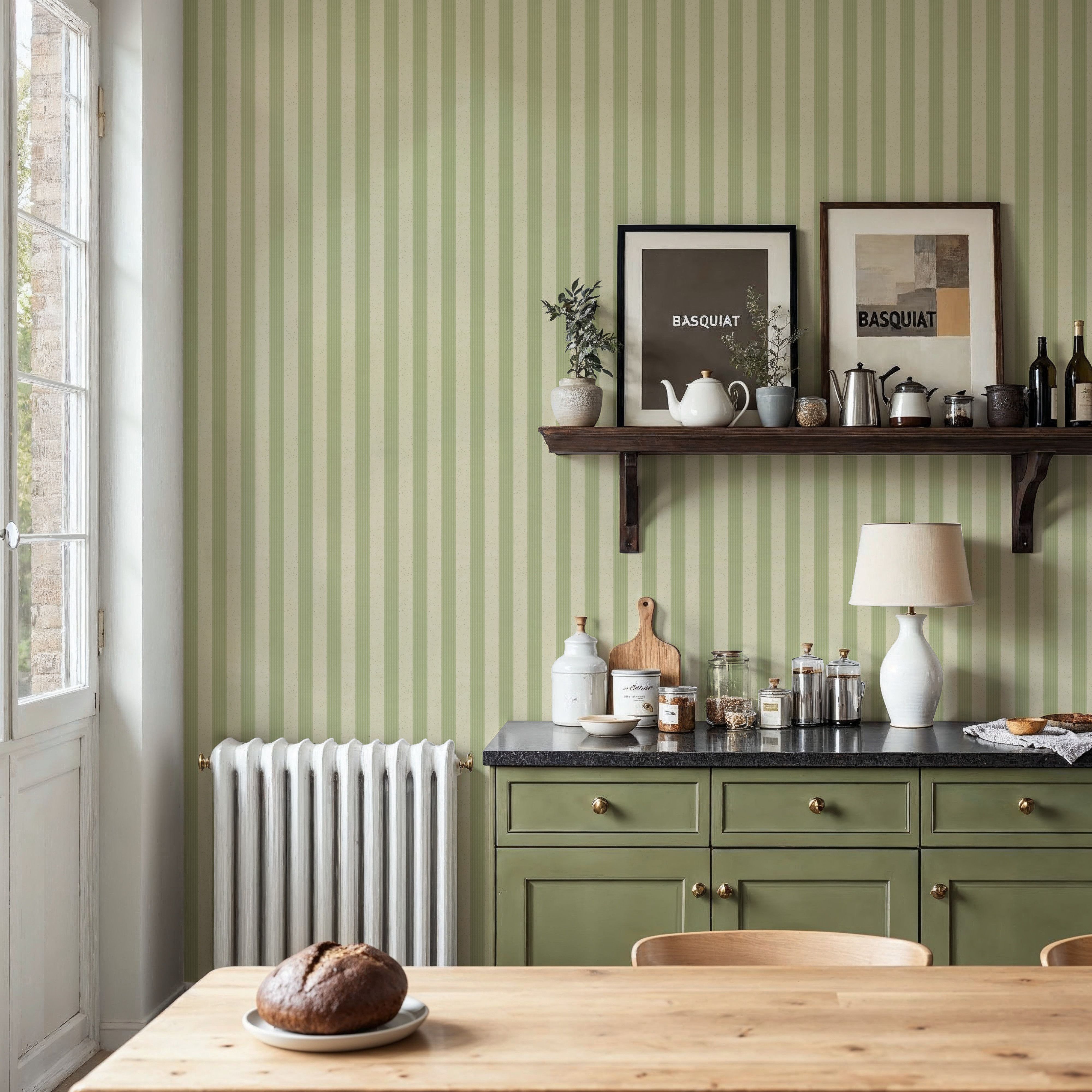 Ticking Awning Stripes, Sage, Papier peint