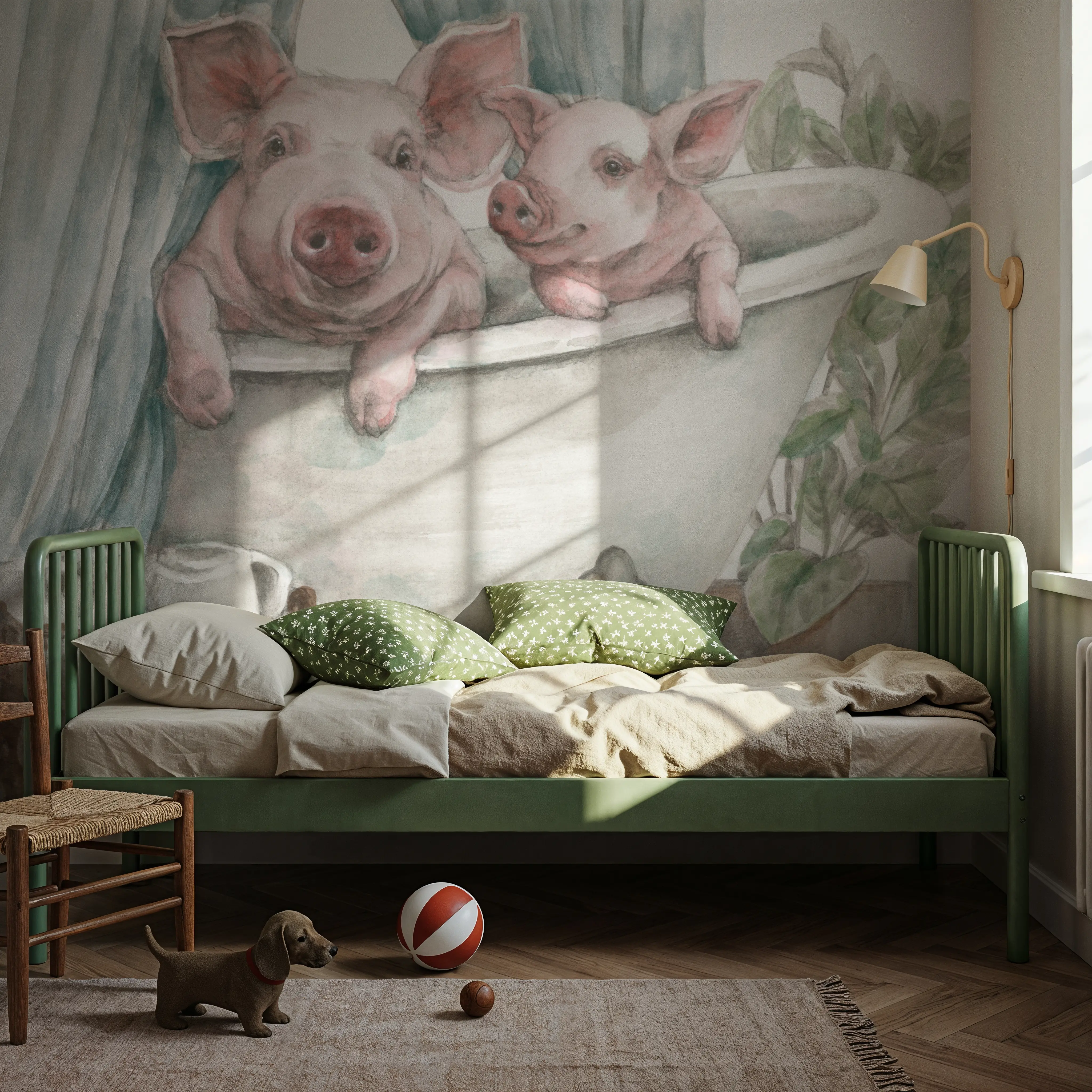Fotobehang - Pigs in a Tub Color - Hedendaagse Kunst Natuur Mural - Roze - Kinderkamer - Wallism Nederland - Zelfklevend of Vliesbehang