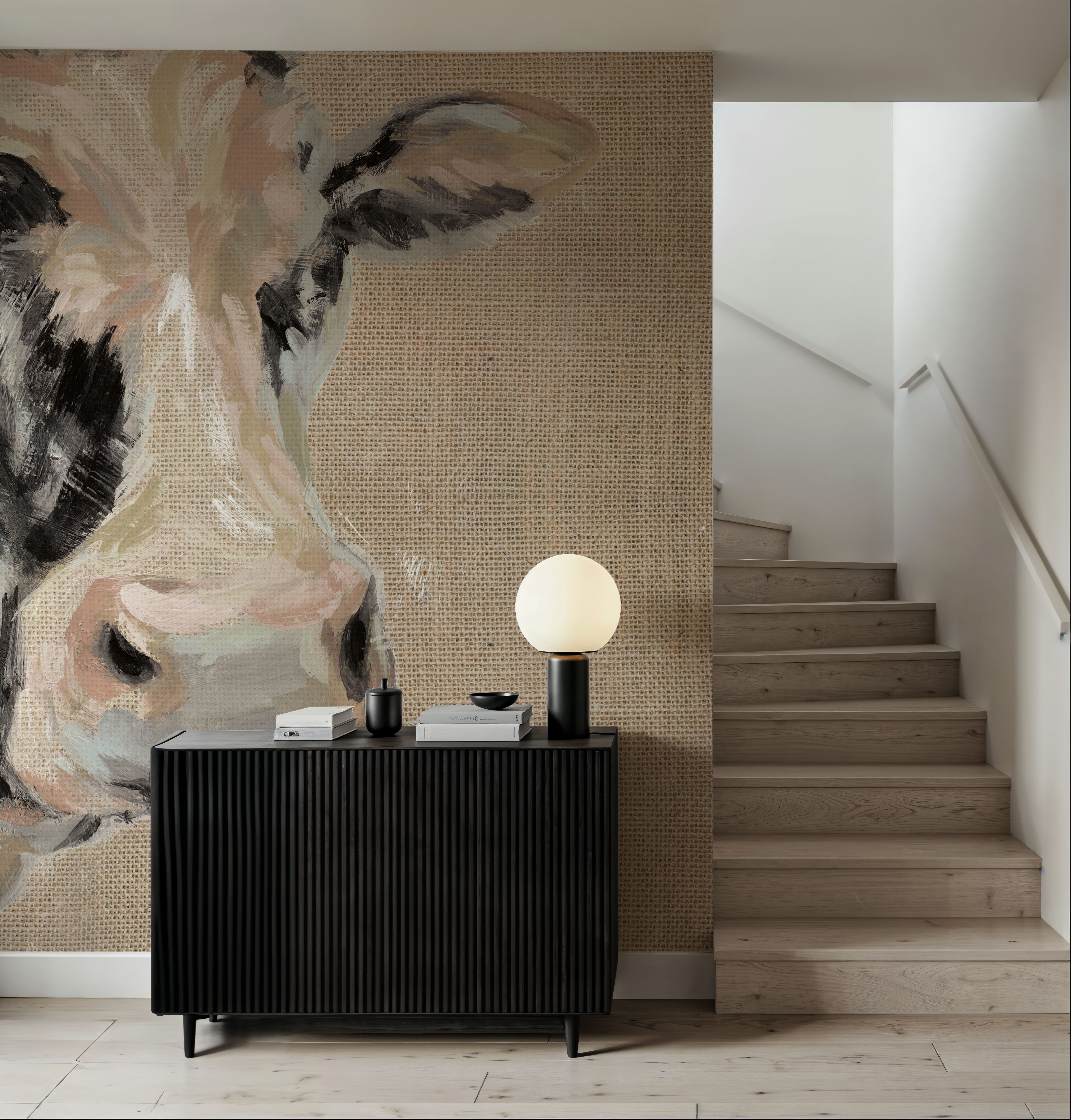 Expressionistic Cow I Neutral Burlap