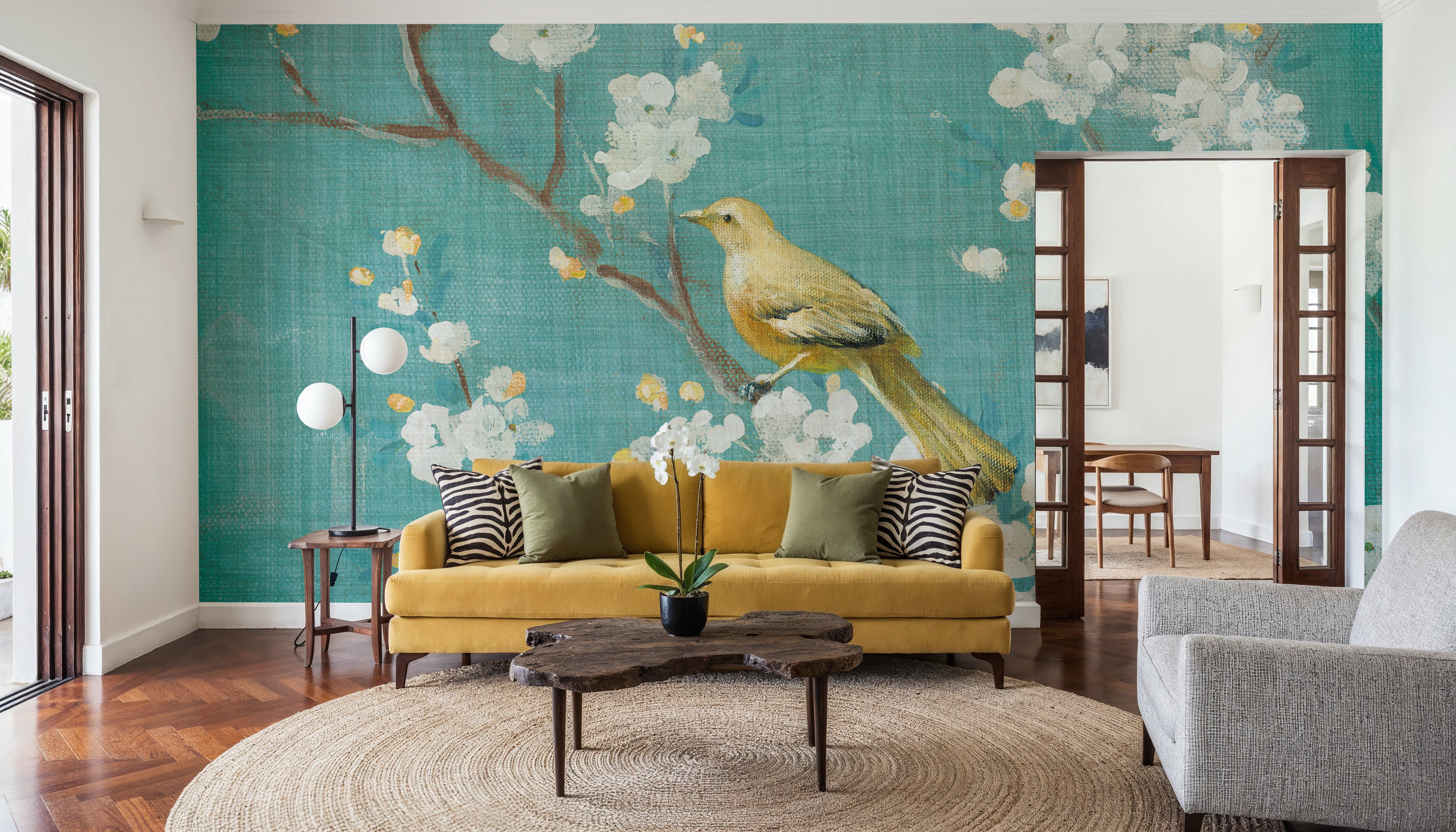 White Cherry Blossoms II on Blue Aged, Wallpaper