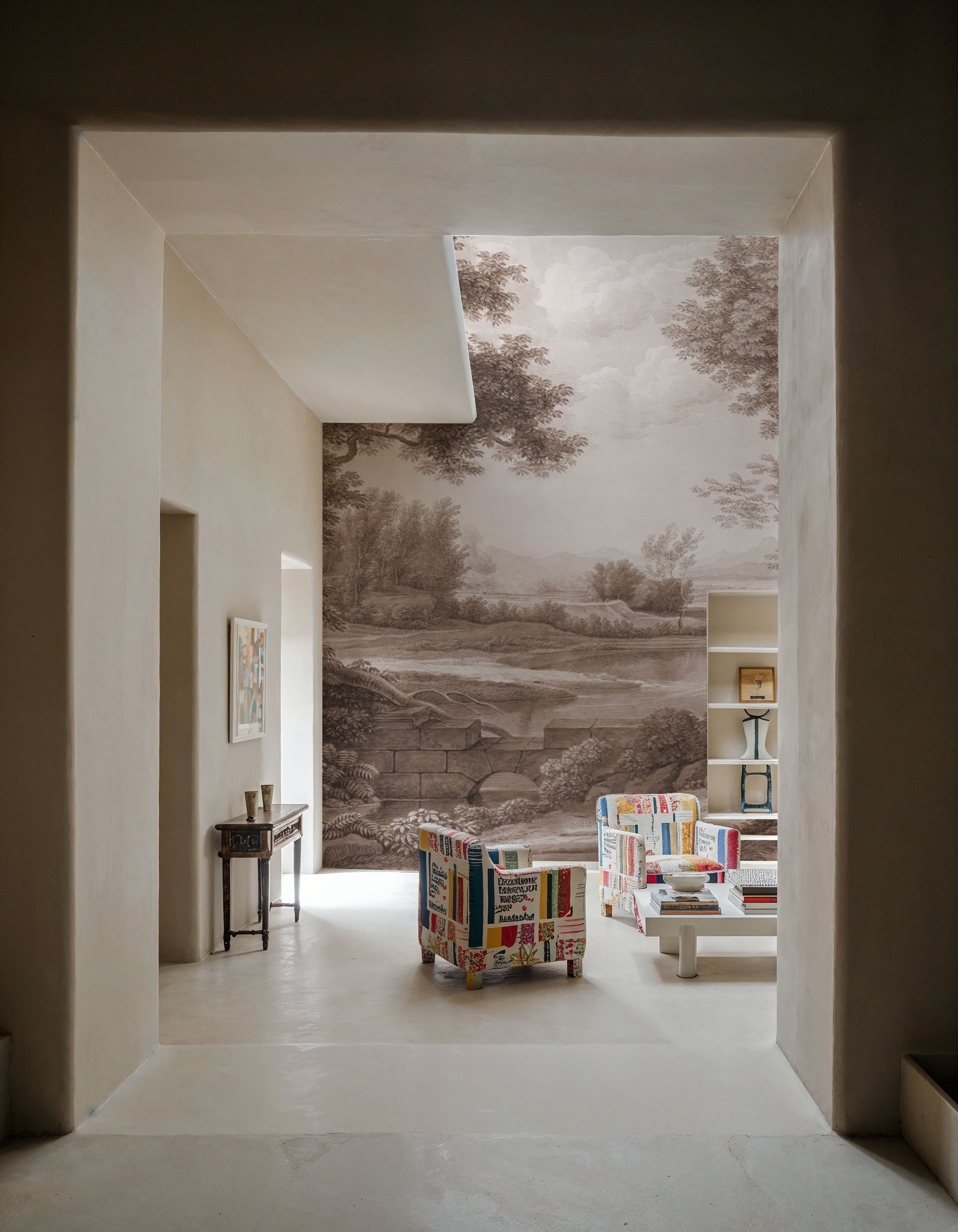 Riverbank Oak Landscape, Sepia