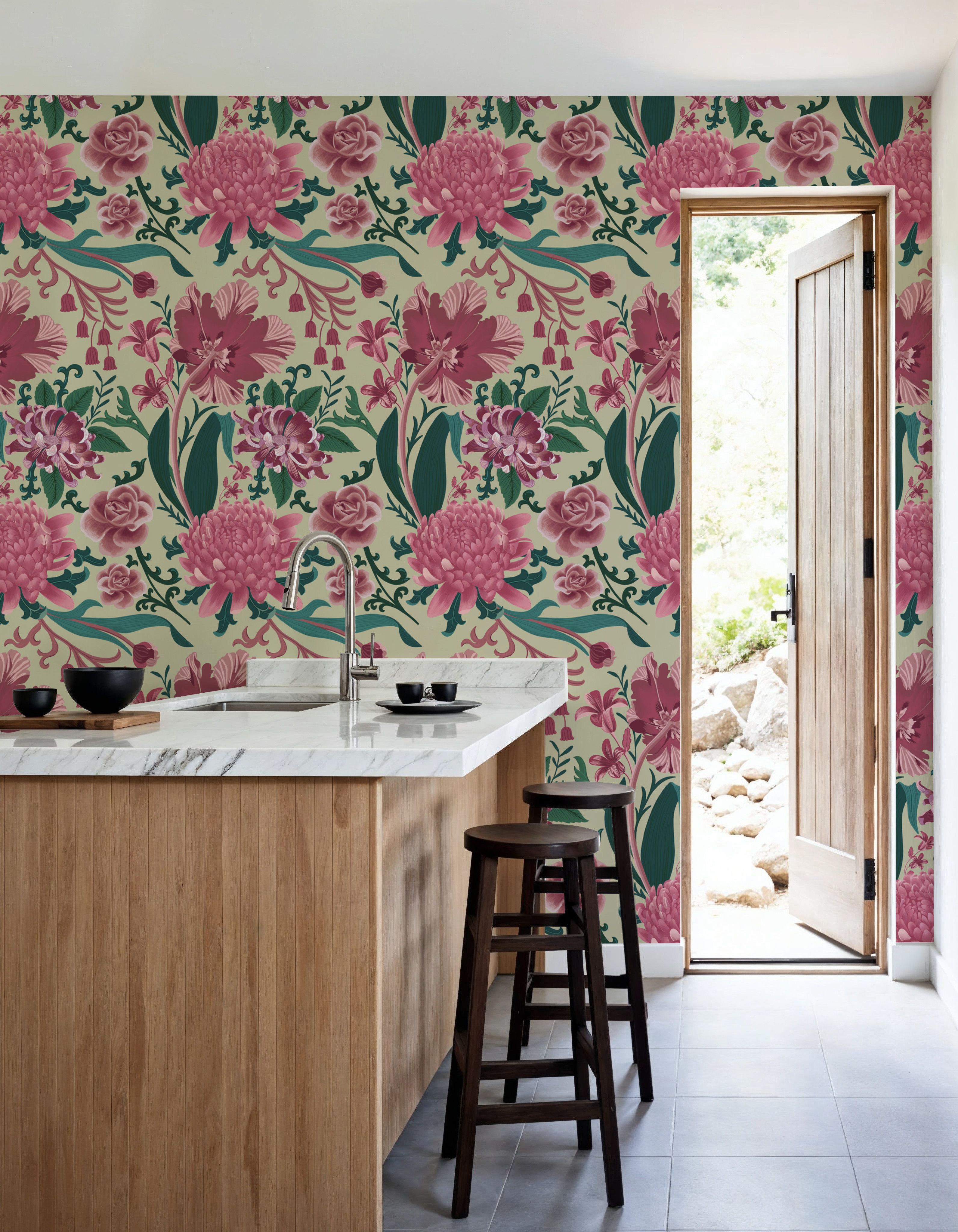 Rococo Chysatemums, Pink on Pale Green