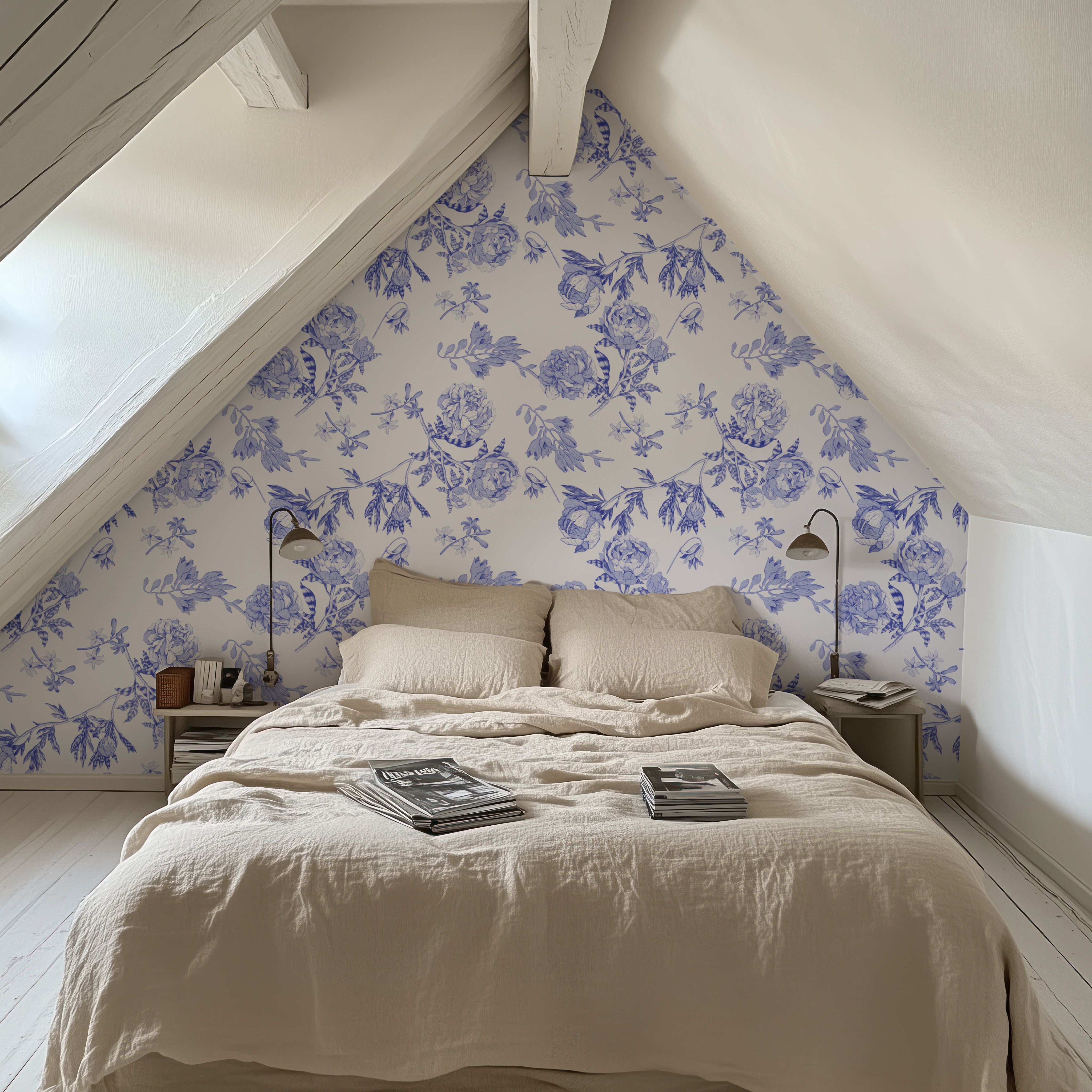 Peony Passion, Blue on White