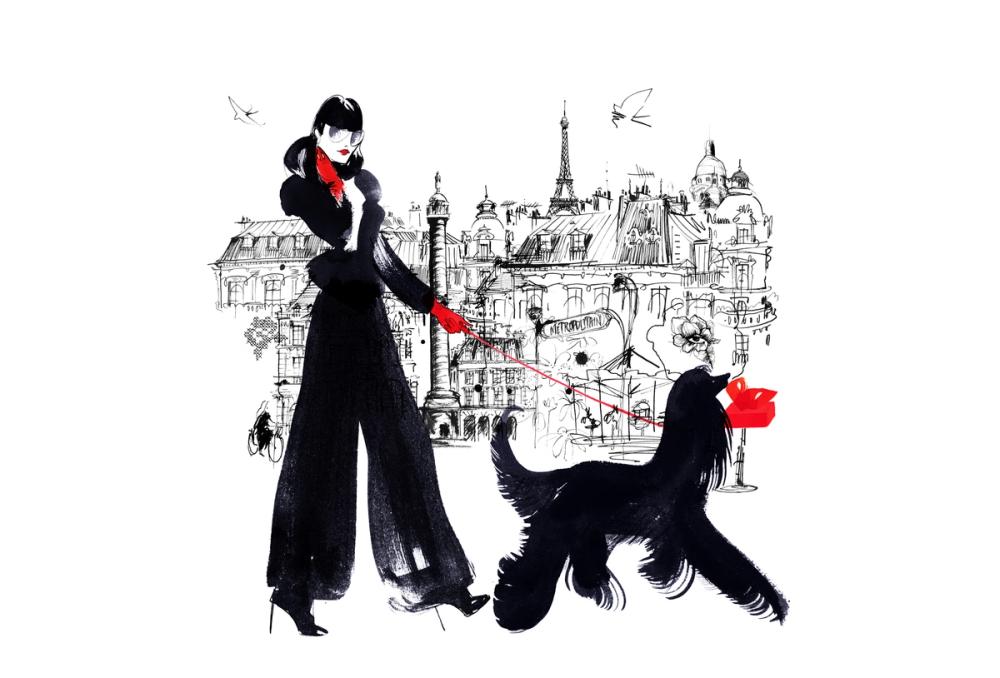 ink illustration in black and red on white of a fashionable woman walking a dog with paris skyline