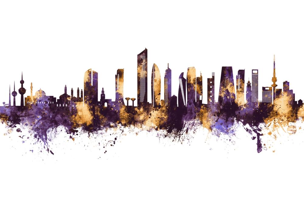 Kuwait City Skyline Purple & Gold