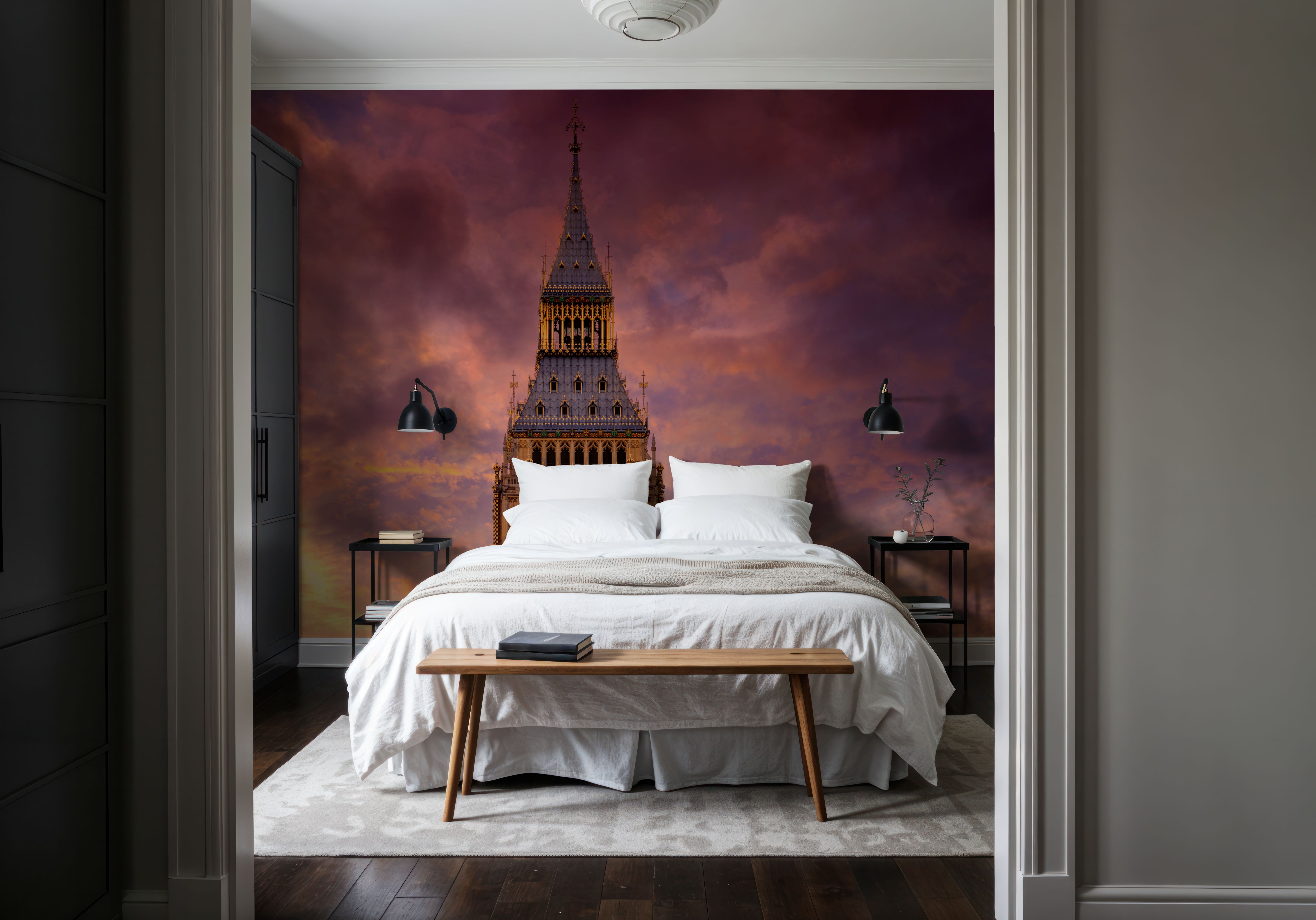Wall Mural - Big Ben Study - Architecture Landscapes mural wallpaper - Purple - Bedroom - Wallism UK - Premium, Textured or Peel & Stick