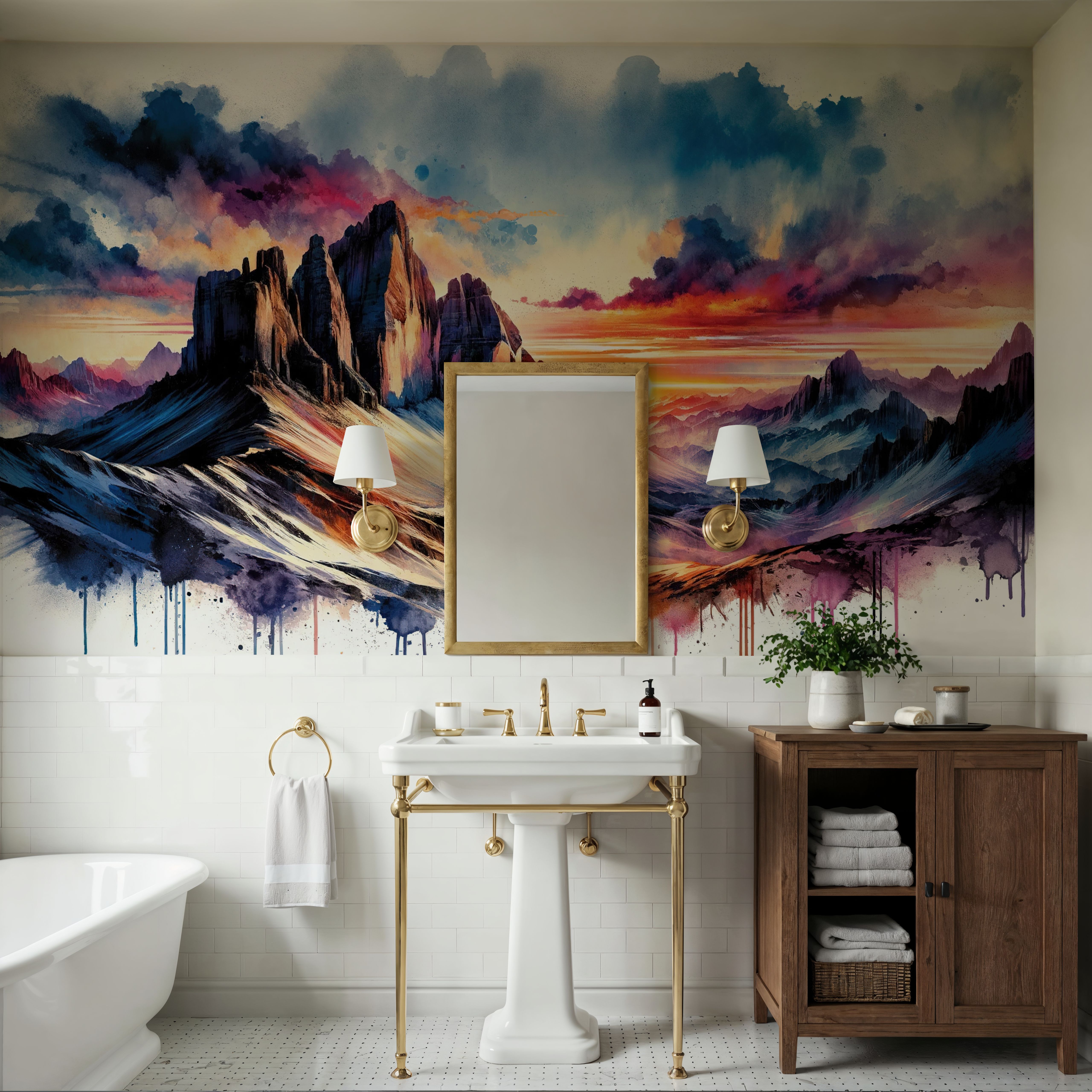 Watercolor Mountains Landscape At Sunset
