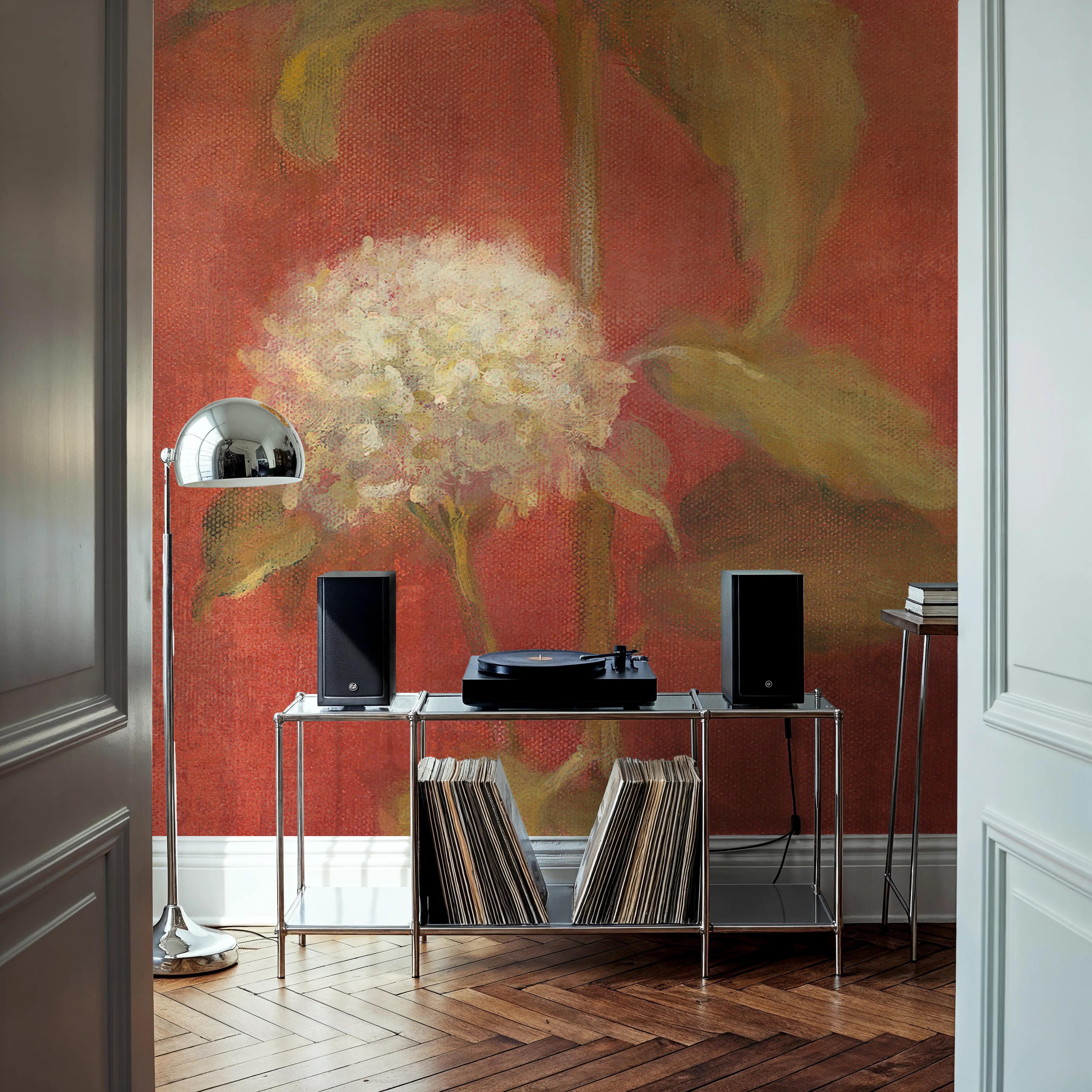 Fotobehang - White Hydrangea on Red - Bloemen Natuur Mural - Rood - Eetkamer - Wallism België - Zelfklevend of Vliesbehang