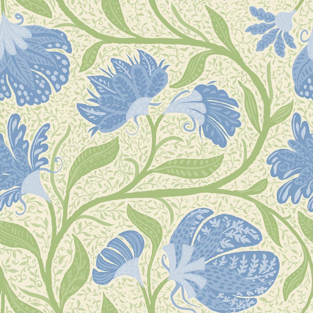 Indial Floral, Baby Blue on Light Green