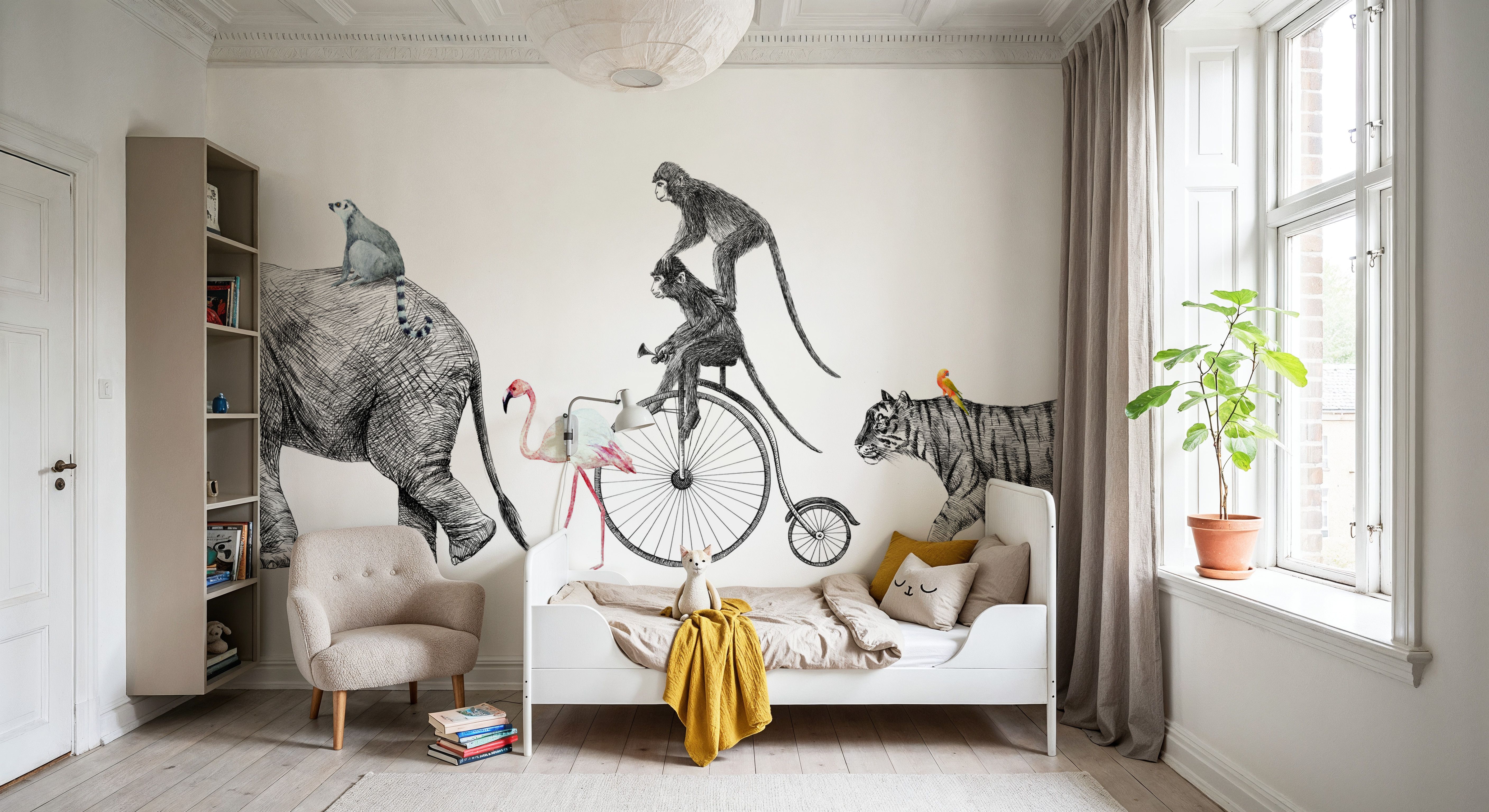 Fun Illustration of Elephant, Tiger & Monkeys on a Walk