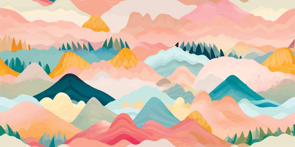 colored mountains in pink, yellow and blue with clouds in the sky