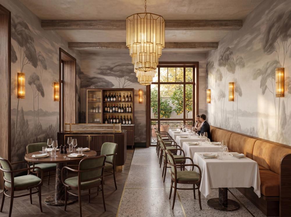 an interior photo of an italian restaurant with a forest horizon themed wall mural in gray